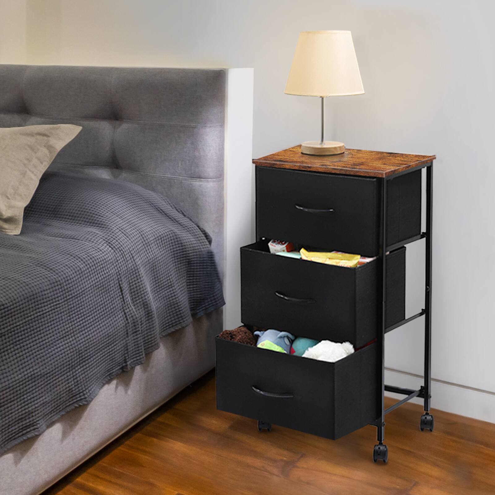 Angle. Oumilen - 3-Drawer Rolling Fabric Storage Cart with Rustic Wood Top, Black - Black.