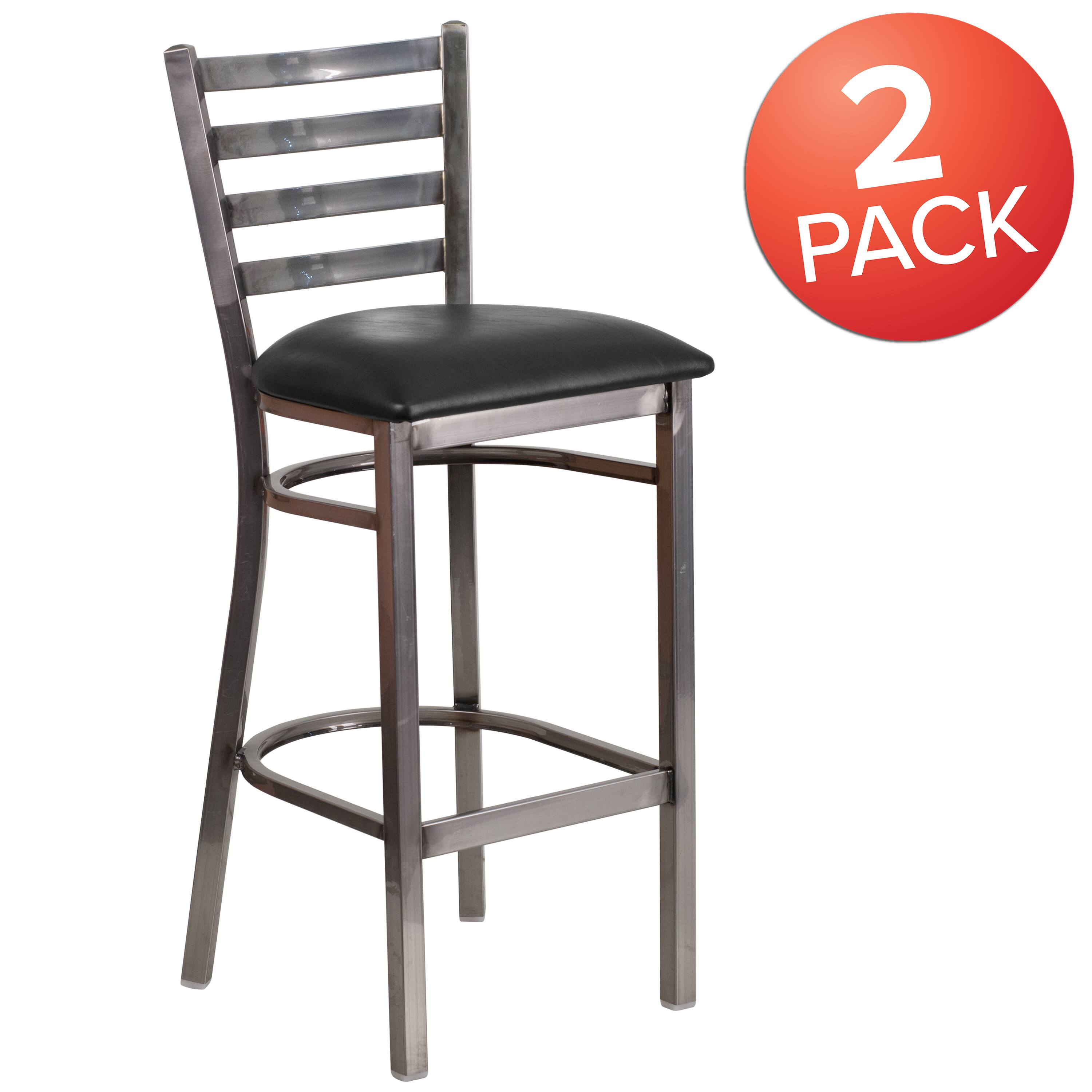 Alt View 1. Emma + Oliver - 2 Pack Clear Coated Ladder Back Metal Restaurant Barstool - Black Vinyl Seat/Clear Coated Metal Frame.