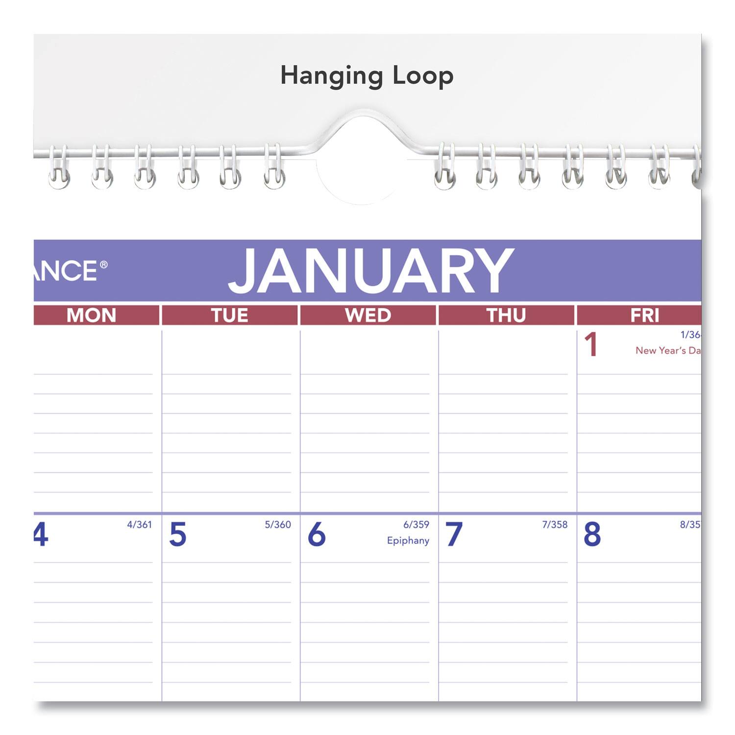 Hanging Loop

JANUARY

MON TUE WED THU FRI

1 1/36 New Year's Day

4 4/361 5 5/360 6 6/359 Epiphany 7 7/358 8 8/35