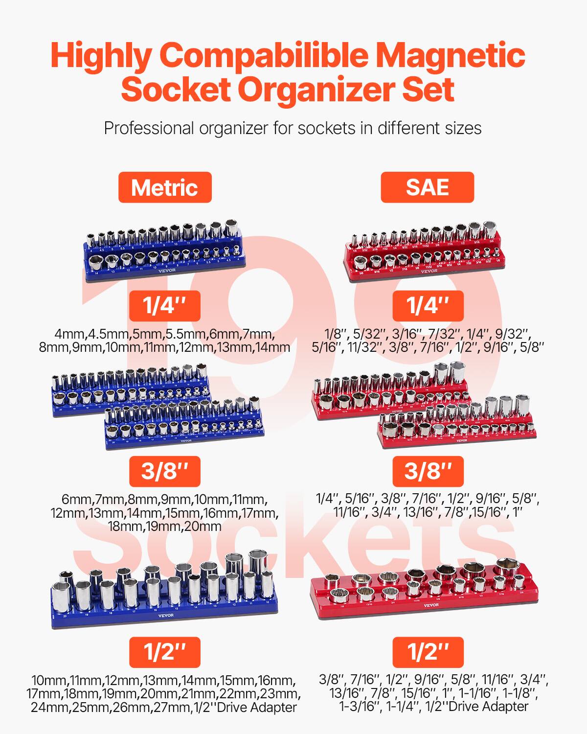 Highly Compatible Magnetic Socket Organizer Set  
Professional organizer for sockets in different sizes  

**Metric**  
- 1/4"  
  4mm, 4.5mm, 5mm, 5.5mm, 6mm, 7mm, 8mm, 9mm, 10mm, 11mm, 12mm, 13mm, 14mm  
- 3/8"  
  6mm, 7mm, 8mm, 9mm, 10mm, 11mm, 12mm, 13mm, 14mm, 15mm, 16mm, 17mm, 18mm, 19mm, 20mm  
- 1/2"  
  10mm, 11mm, 12mm, 13mm, 14mm, 15mm, 16mm, 17mm, 18mm, 19mm, 20mm, 21mm, 22mm, 23mm, 24mm, 25mm,
