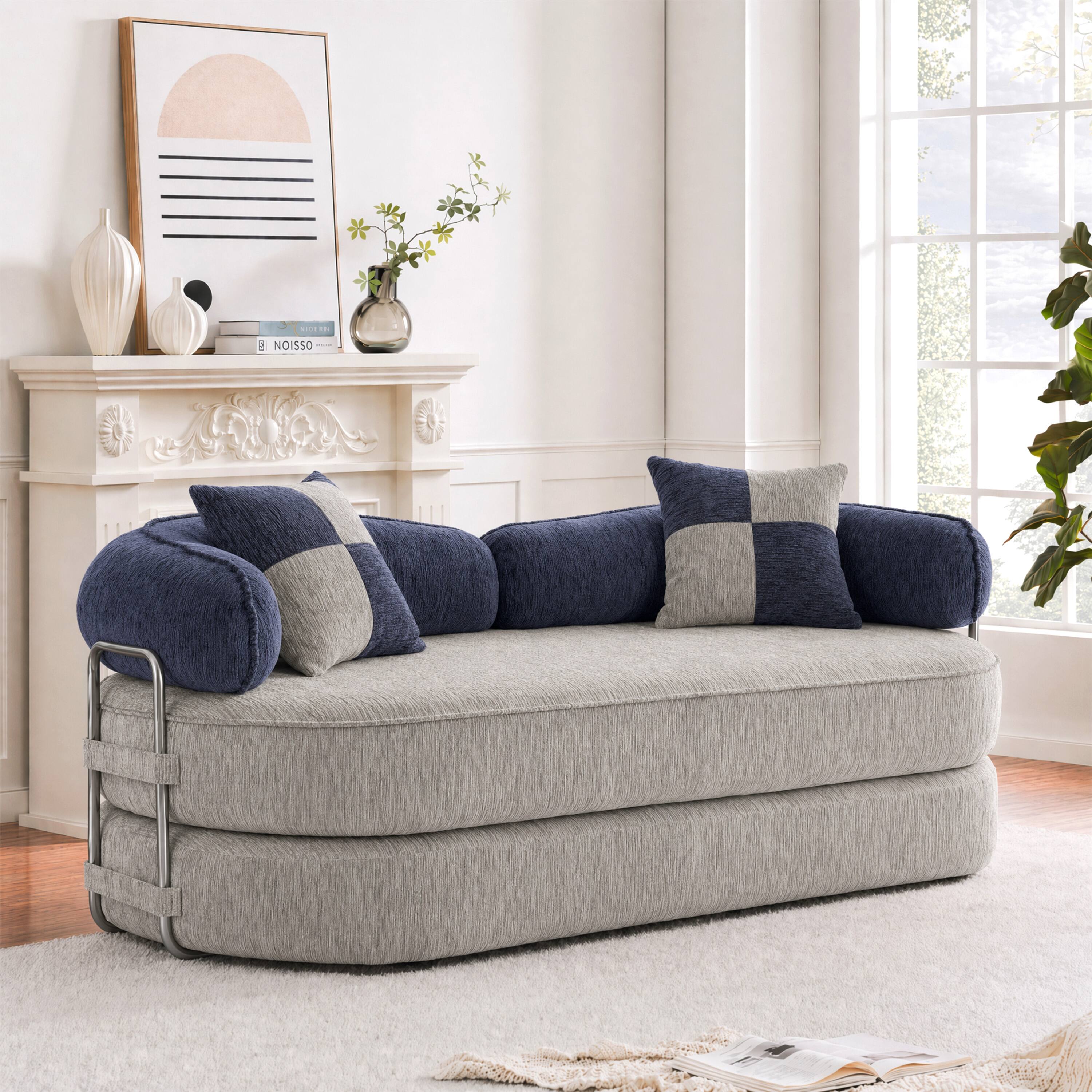 Alt View 7. Vipbear - Curved Loveseat with 4 Pillows, Modern Boneless Couch, Convertible Sleeper Sofa Bed - gray/blue.