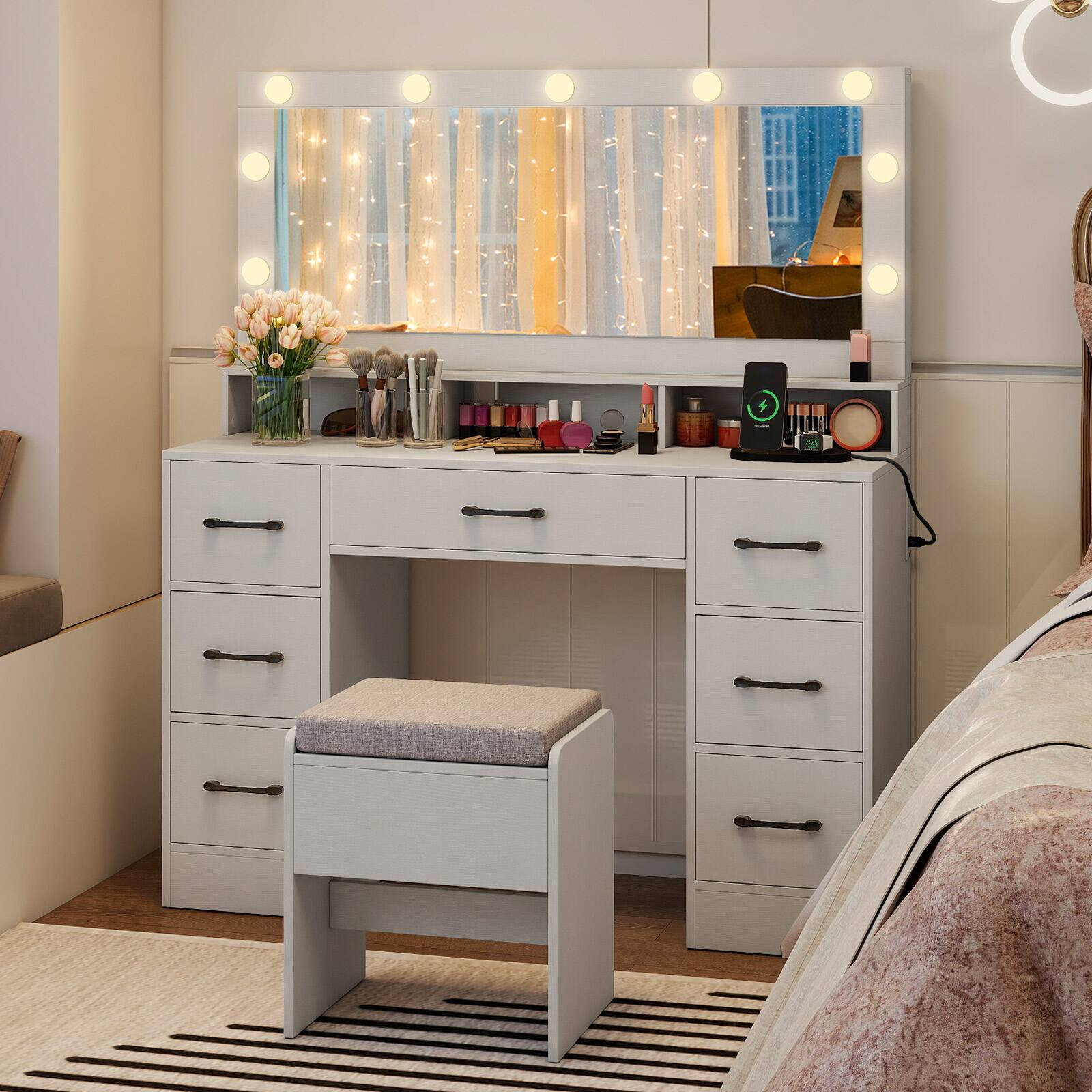 Alt View 4. Gymax - Gymax Vanity Desk w/Mirror & Lights Power Outlets 3 Color Lighting Modes 7 Drawers - White.