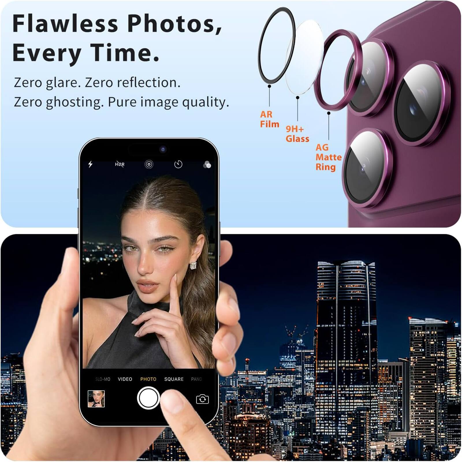 Flawless Photos, Every Time.  
Zero glare. Zero reflection. Zero ghosting. Pure image quality.  
HBR  
AR Film 9H+ Glass AG Matte Ring  
SLO-MO VIDEO PHOTO SQUARE PANO