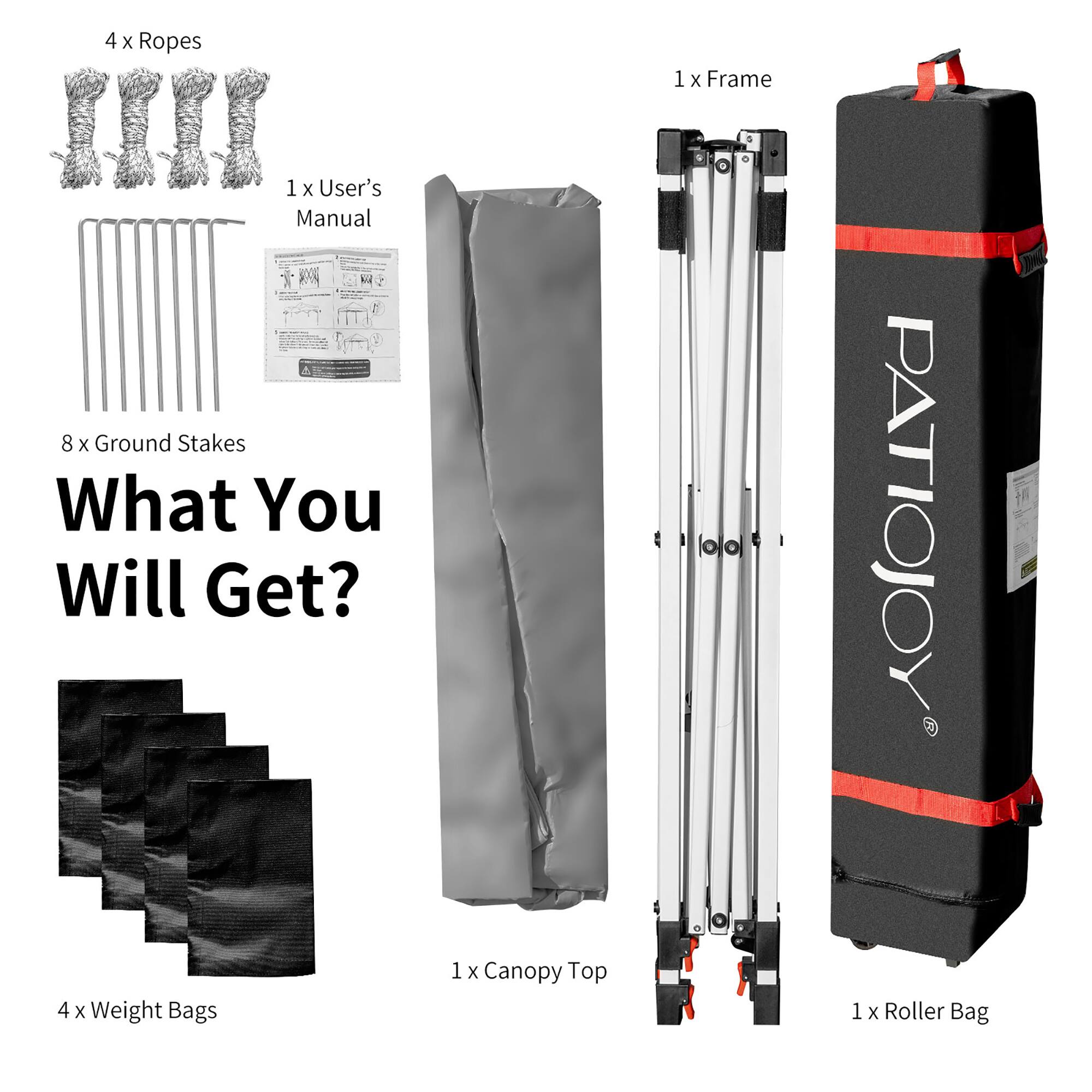 4 x Ropes  
1 x User's Manual  
8 x Ground Stakes  
4 x Weight Bags  
1 x Canopy Top  
1 x Frame  
1 x Roller Bag  

What You Will Get?