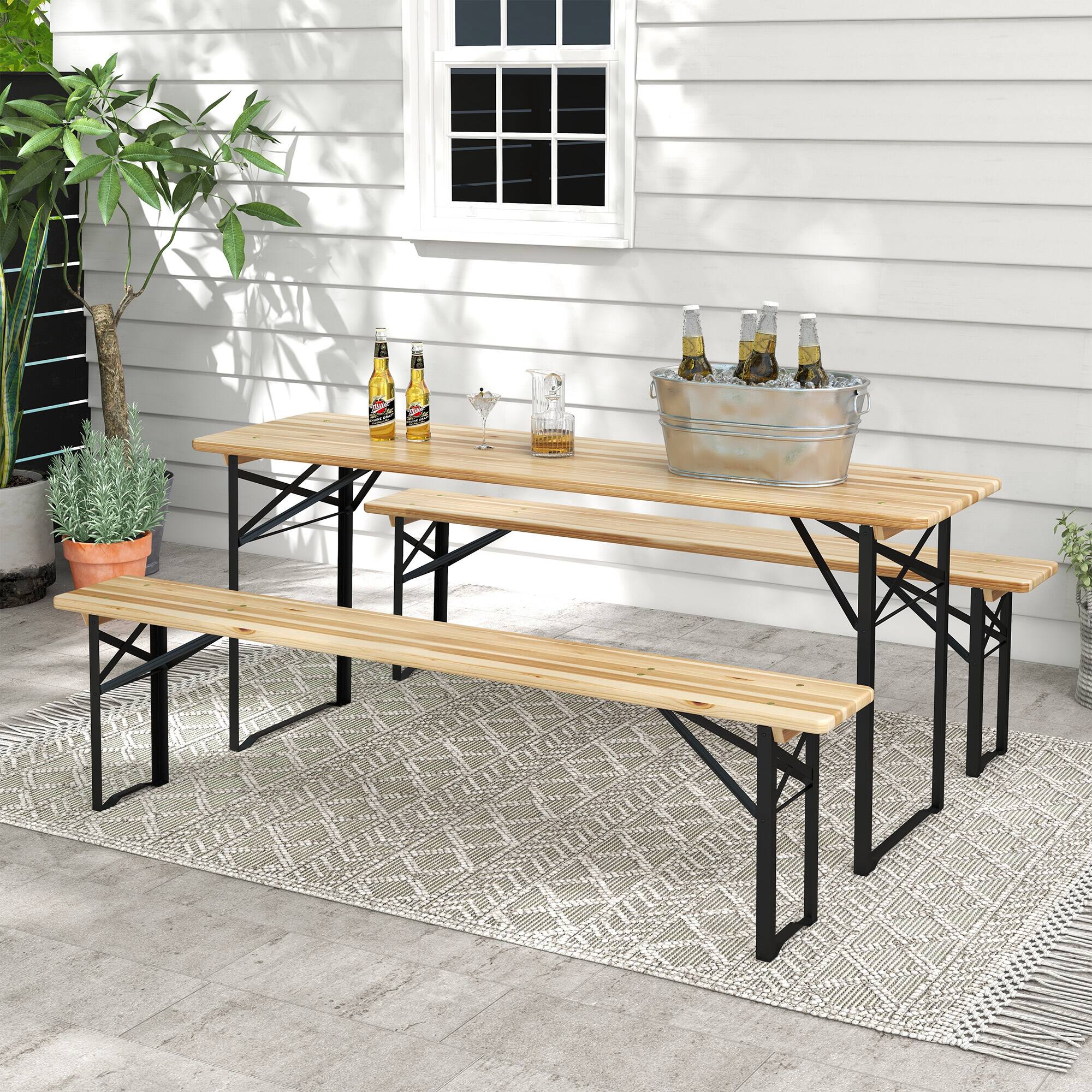 Alt View 1. Outsunny - Portable Picnic Table and Bench Set - Natural Wood.