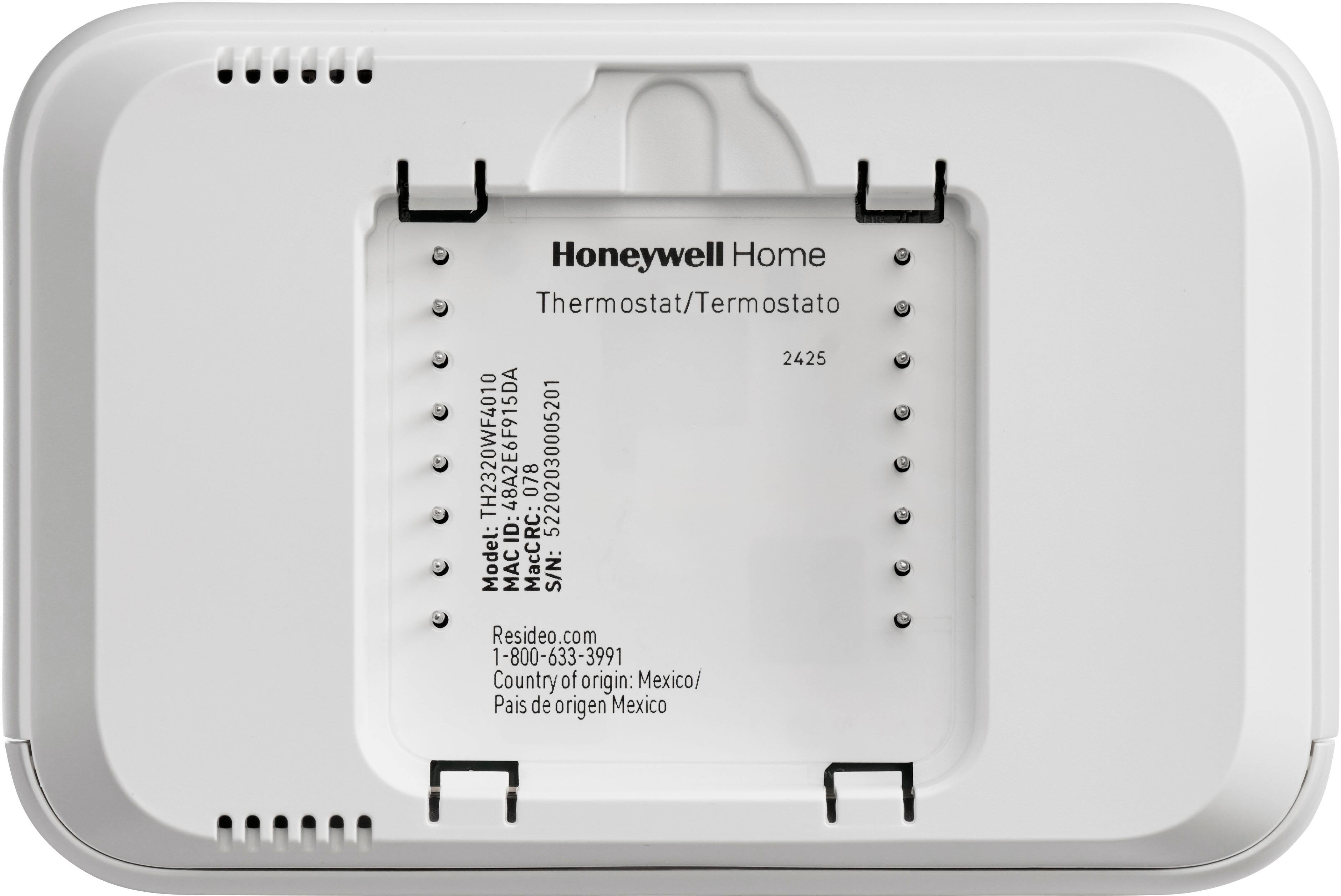 Honeywell Home Thermostat/Termostato 2425 TH2320WF4010 48A2E6F915DA 078 52202030005201 ID: Model: I MacCRC: S/N: Resideo.c com 1-800-633-3991 Country of origin: Mexico