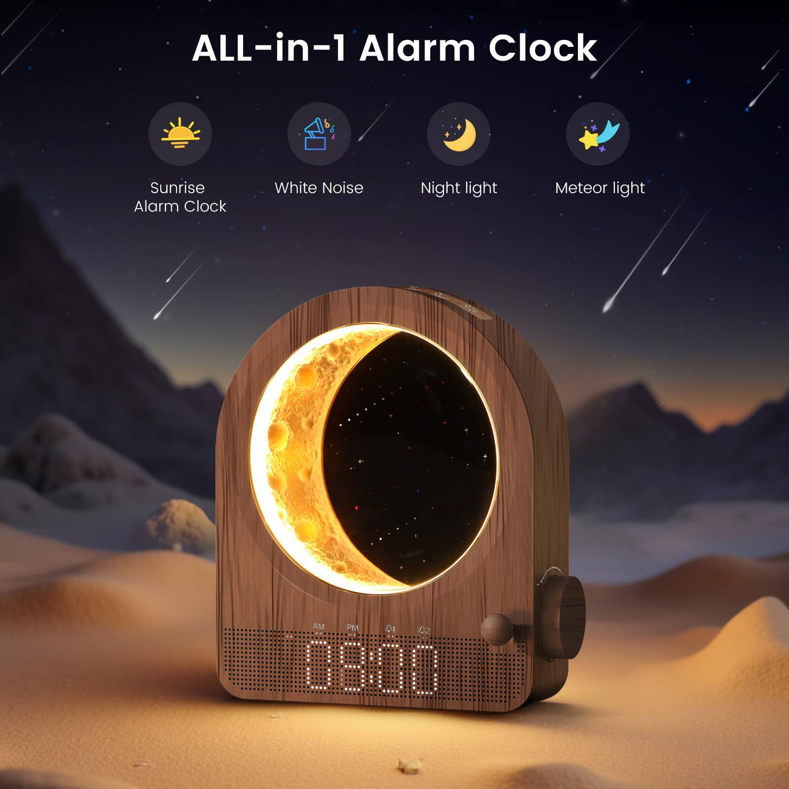 ALL-in-1 Alarm Clock

Sunrise Alarm Clock  
White Noise  
Night light  
Meteor light  

08:00