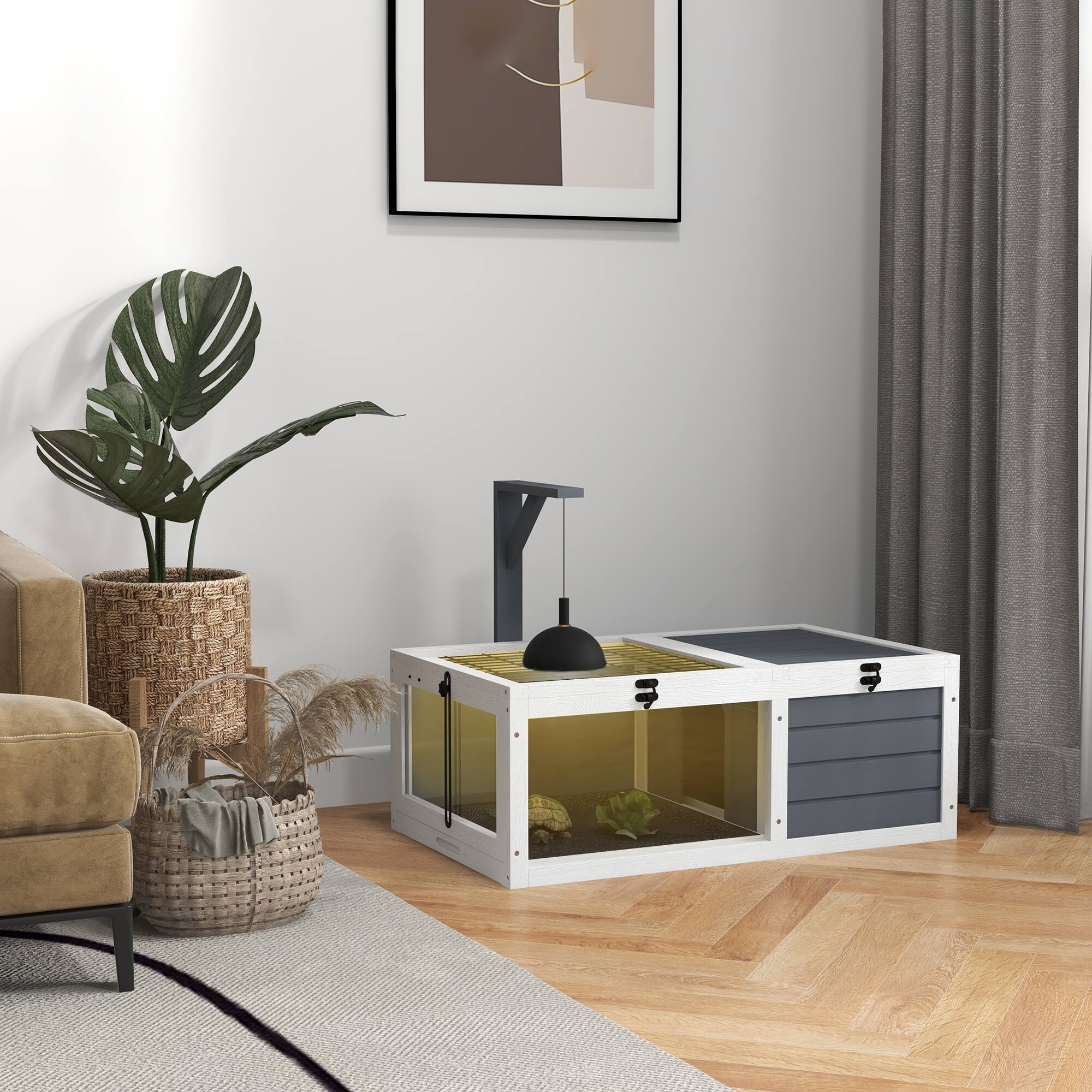 Angle. Pawhut - Tortoise Habitat, Wooden Tortoise House, Indoor Outdoor Enclosure with Lamp Holder, Pull-out Waterproof Trays.