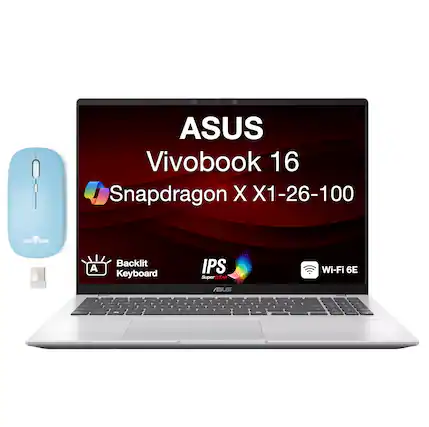 ASUS Vivobook 16
Snapdragon X X1-26-100
Backlit Keyboard
IPS SuperCLEAR
Wi-Fi 6E