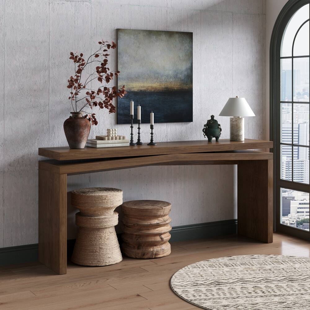 Left. Loheer - Loheer 65-Inch Solid Wood Veneer Console Table, Long Farmhouse Entryway Sofa Table, Rustic Brown - Deep Rustic Brown.