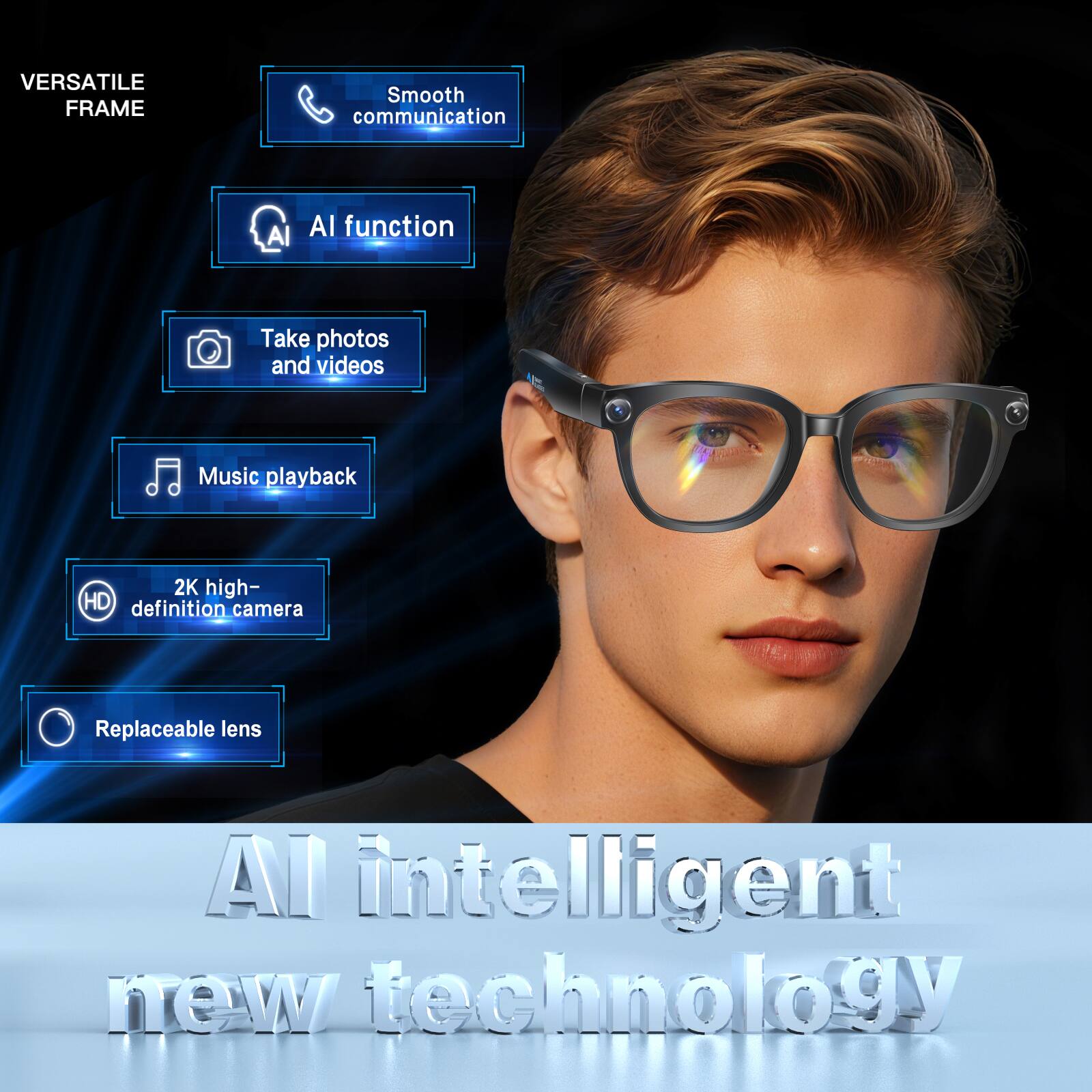 VERSATILE FRAME  
- Smooth communication  
- AI function  
- Take photos and videos  
- Music playback  
- 2K high-definition camera  
- Replaceable lens  

AI intelligent new technology