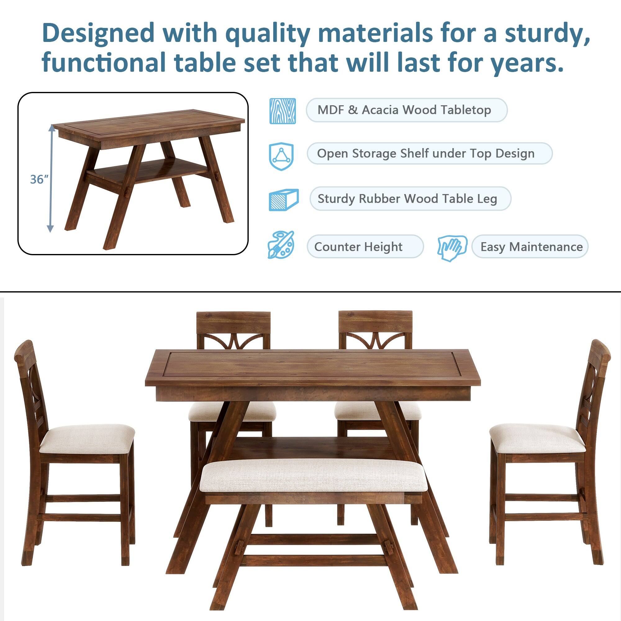 Designed with quality materials for a sturdy, functional table set that will last for years.

- MDF & Acacia Wood Tabletop
- Open Storage Shelf under Top Design
- Sturdy Rubber Wood Table Leg
- Counter Height
- Easy Maintenance

36"