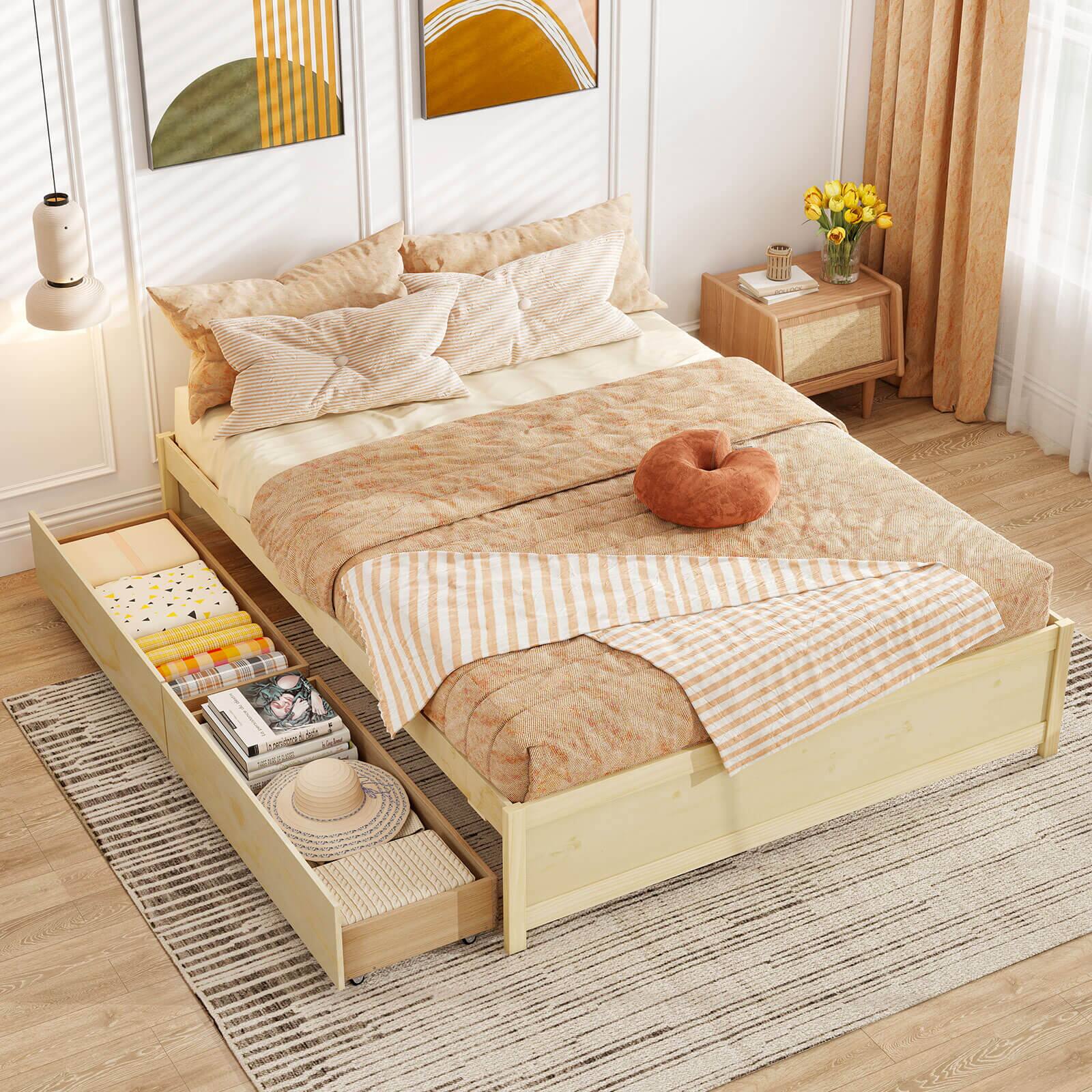 Alt View 1. Costway - Costway Queen Size Wooden Bed Frame with 2 Rolling Storage Drawers Wood Slat Support - Natural.