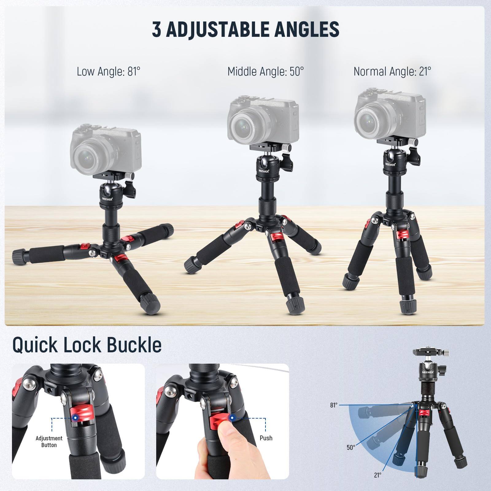 3 Adjustable Angles  
Low Angle: 81°  
Middle Angle: 50°  
Normal Angle: 21°  

Quick Lock Buckle  
Adjustment Button  
Push