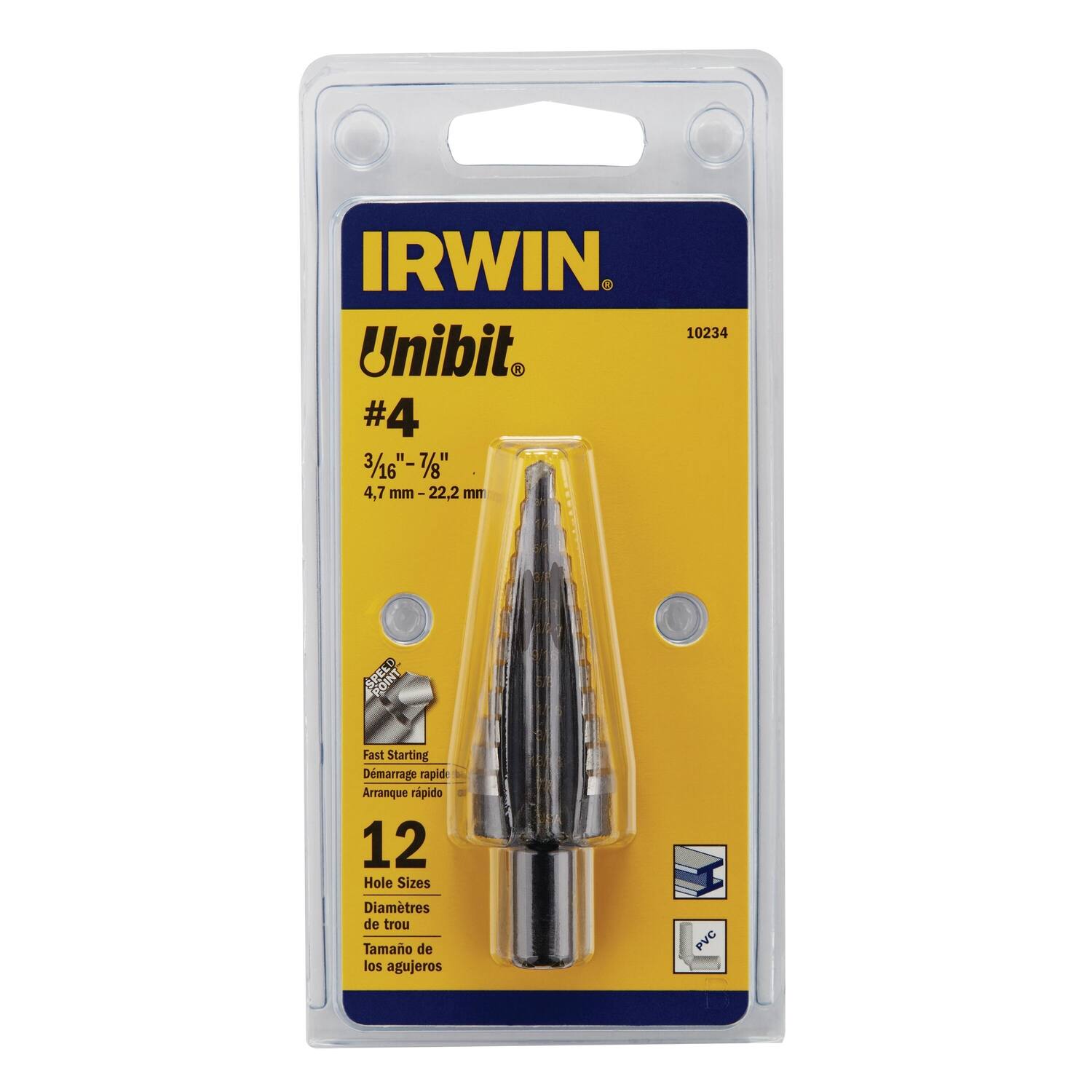 IRWIN  
10234 Unibit #4  
3/16" - 7/8"  
4,7 mm - 22,2 mm  
Fast Starting  
Démarrage rapide  
Arranque rápido  
12 Hole Sizes  
Diamètres de trou  
Tamaño de los agujeros PVC