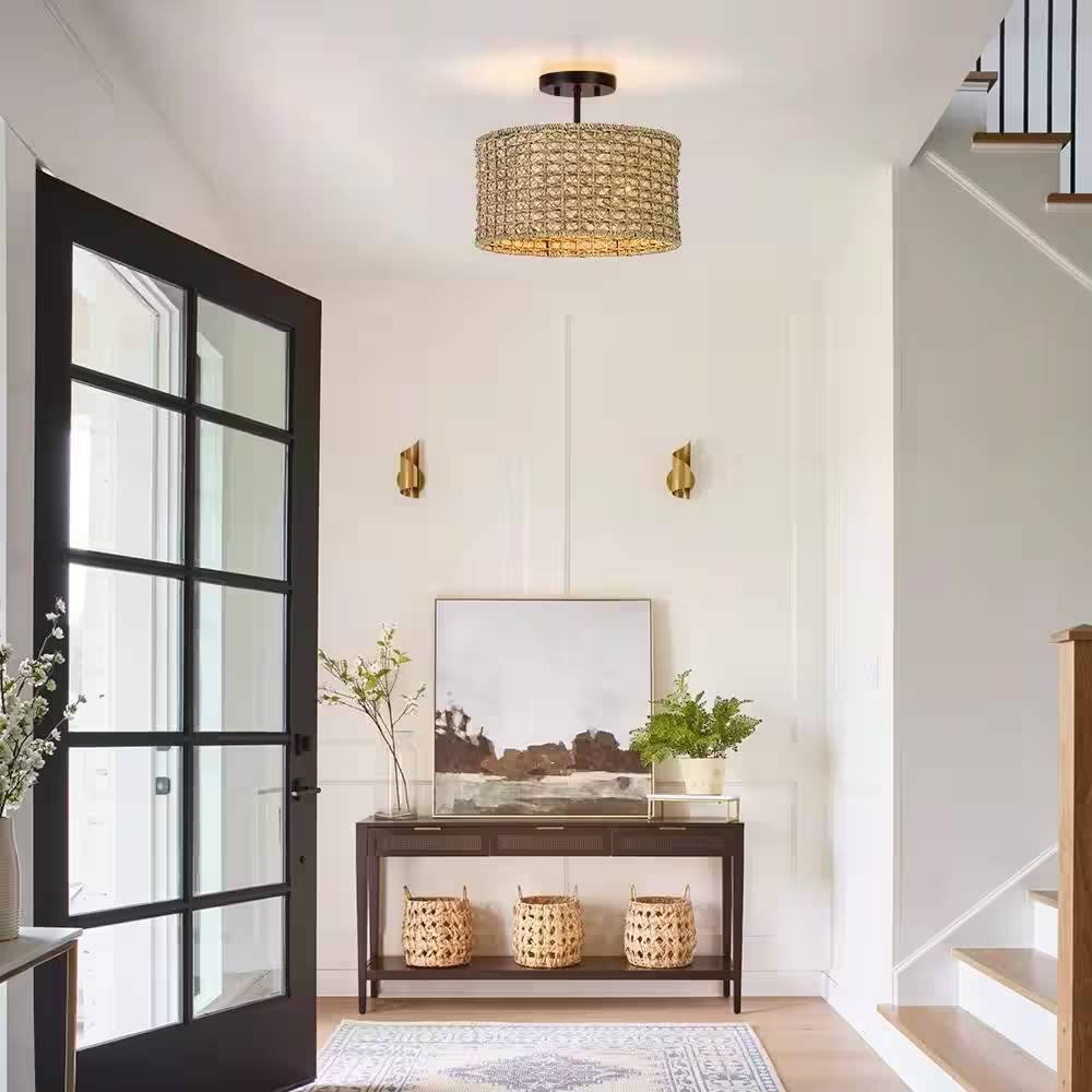 Angle. Hivvago - Bohemian 13.6-inch Round Rattan Drum 2-Light Ceiling Light - Semi-Flush Mount - Brown.