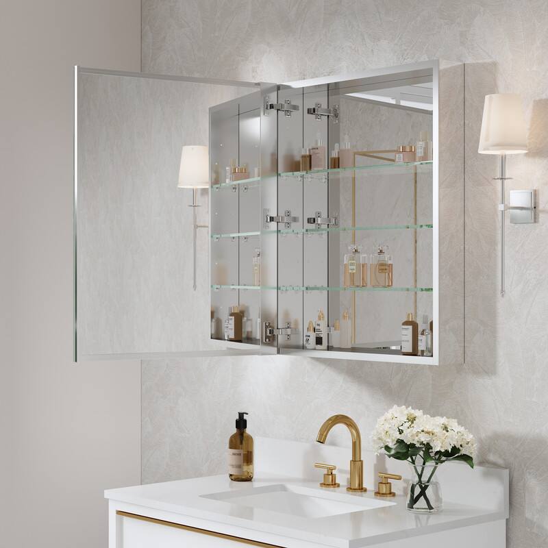 Left. WELLFOR - 24 in. W x 30 in. H Rectangular Aluminum Recess or Surface Mount Medicine Cabinet with Mirror, Soft Close Door - Silver.