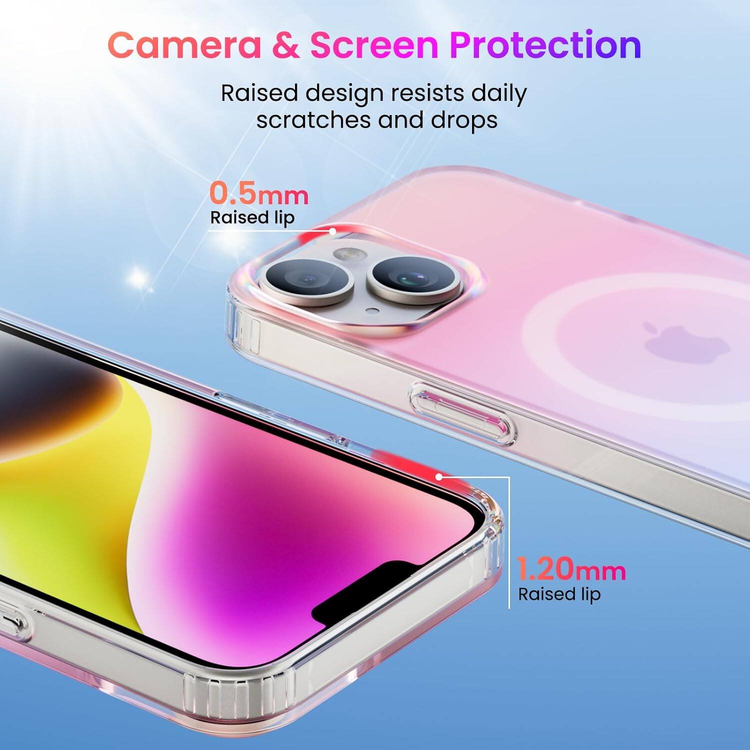 Camera & Screen Protection
Raised design resists daily scratches and drops
0.5mm Raised lip
1.20mm Raised lip