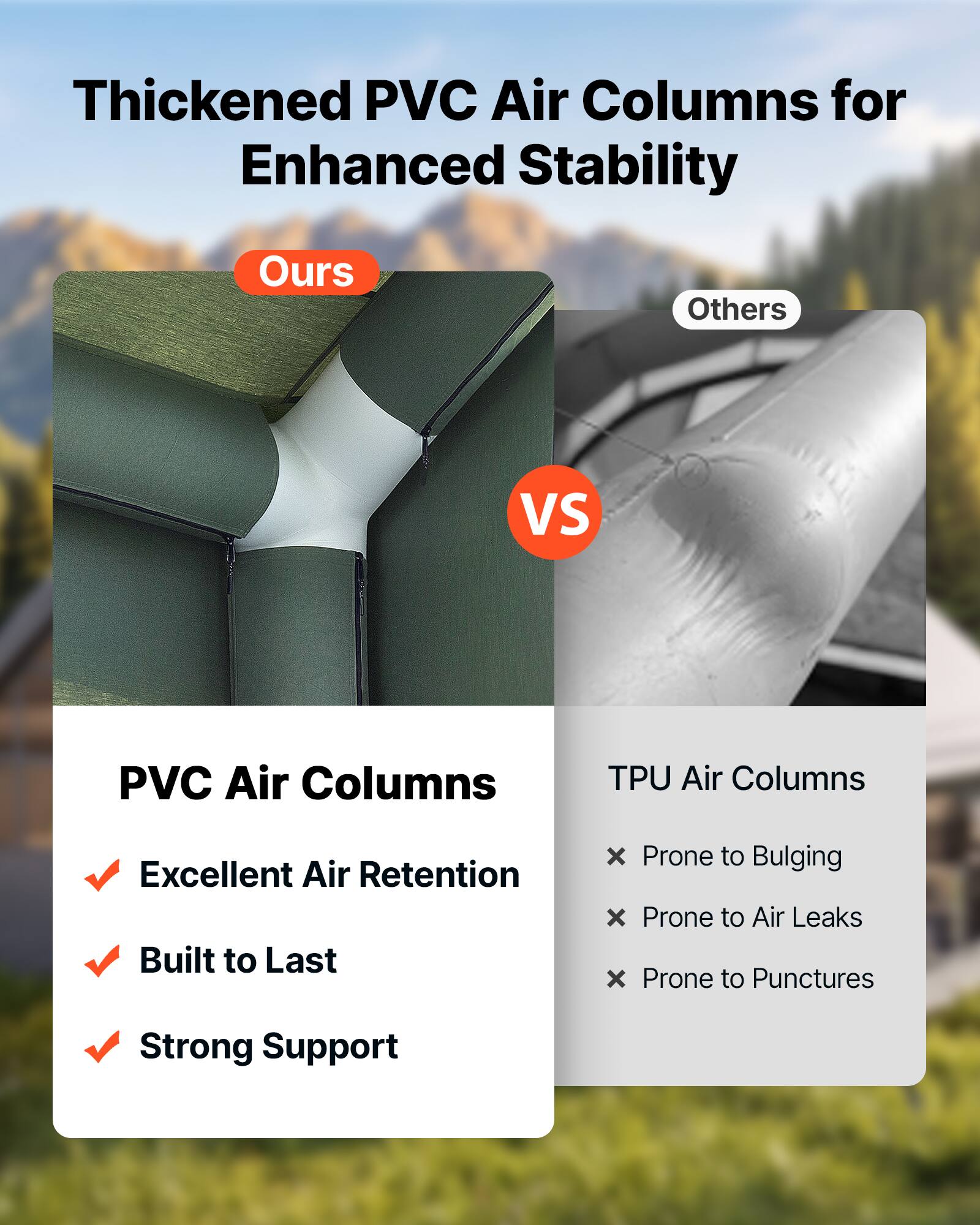Thickened PVC Air Columns for Enhanced Stability

Ours
Others
VS

PVC Air Columns
TPU Air Columns

Excellent Air Retention
Built to Last
Strong Support

Prone to Bulging
Prone to Air Leaks
Prone to Punctures