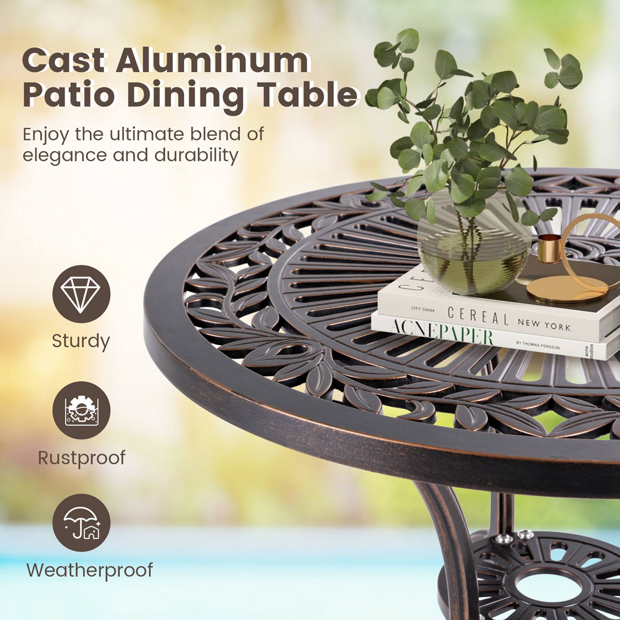 Cast Aluminum Patio Dining Table: Enjoy the ultimate blend of elegance and durability. Sturdy, weatherproof, rustproof.