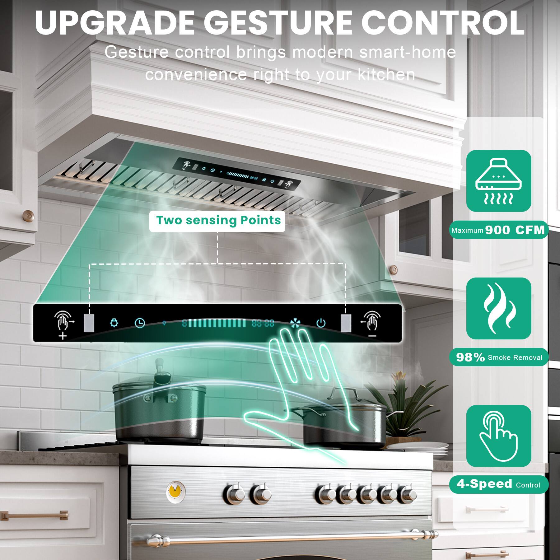 UPGRADE GESTURE CONTROL

Gesture control brings modern smart-home convenience right to your kitchen

- Two sensing Points
- Maximum 900 CFM
- 98% Smoke Removal
- 4-Speed Control
