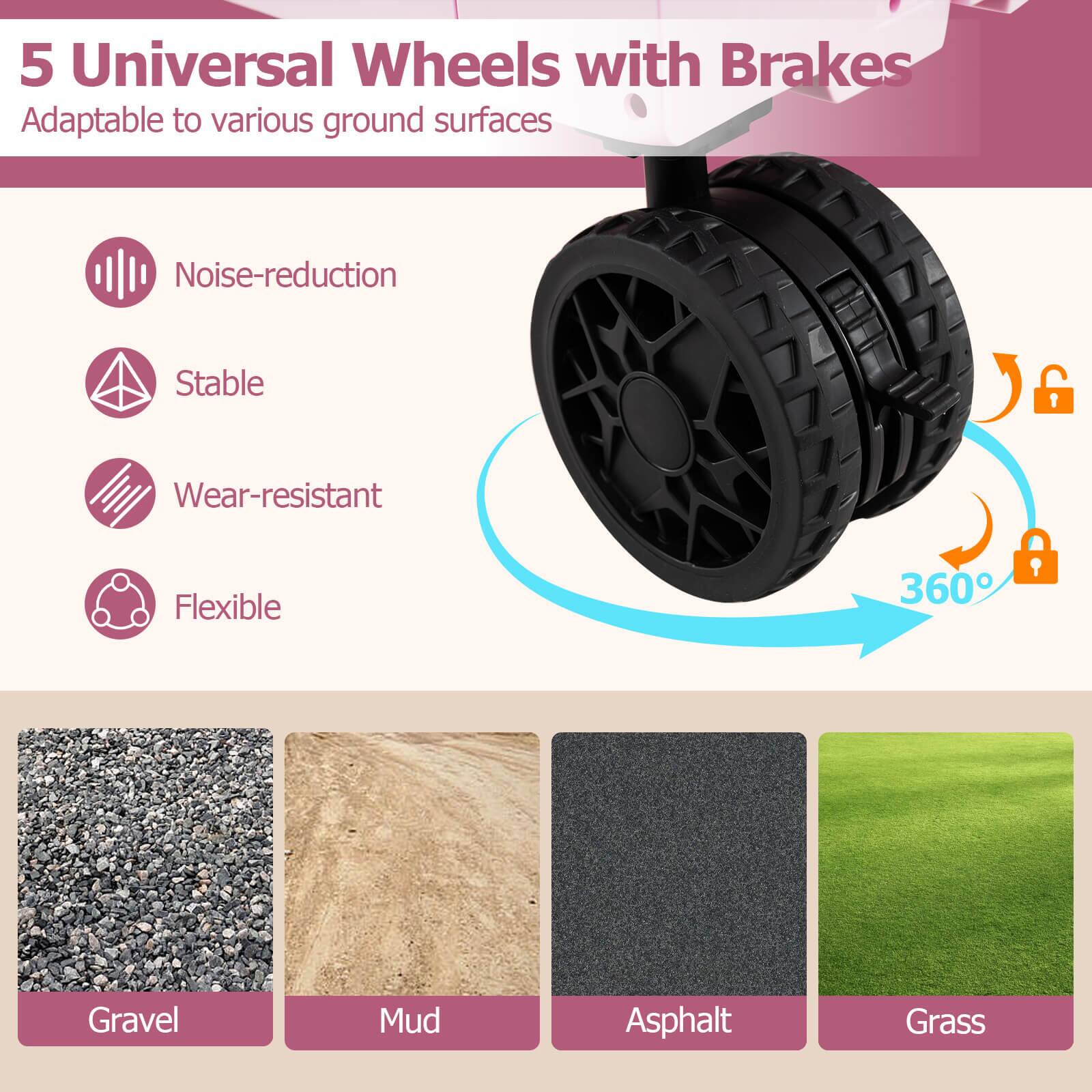 5 Universal Wheels with Brakes  
Adaptable to various ground surfaces

- Noise-reduction
- Stable
- Wear-resistant
- Flexible

360°

Gravel  
Mud  
Asphalt  
Grass
