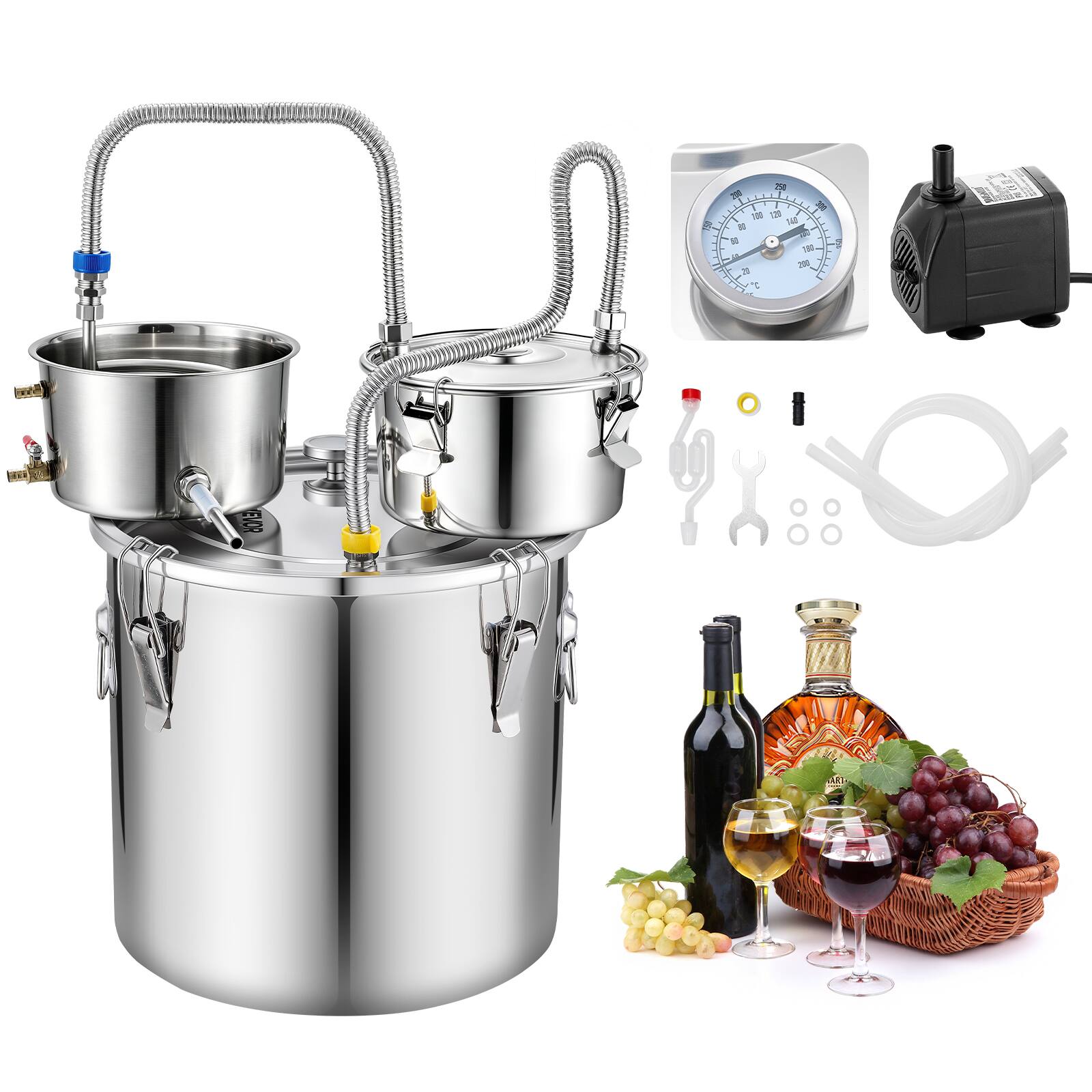 Front. VEVOR - Alcohol Still, 8 GAL/ 30L Alcohol Distiller with Thumper Keg, Dual-scale Thermometer, and Water Pump, Home Brewing Kit - Silver.