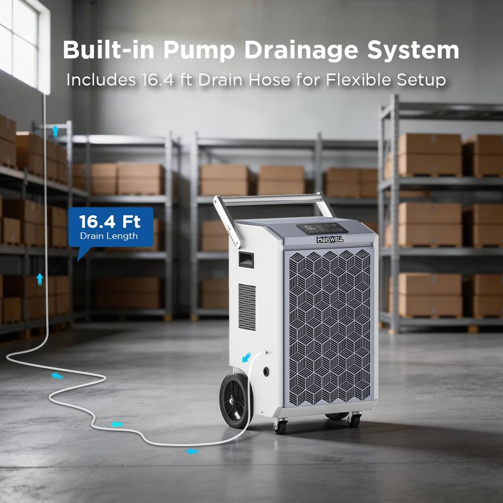 Built-in Pump Drainage System  
Includes 16.4 ft Drain Hose for Flexible Setup  
16.4 Ft Drain Length  
MOISWELL