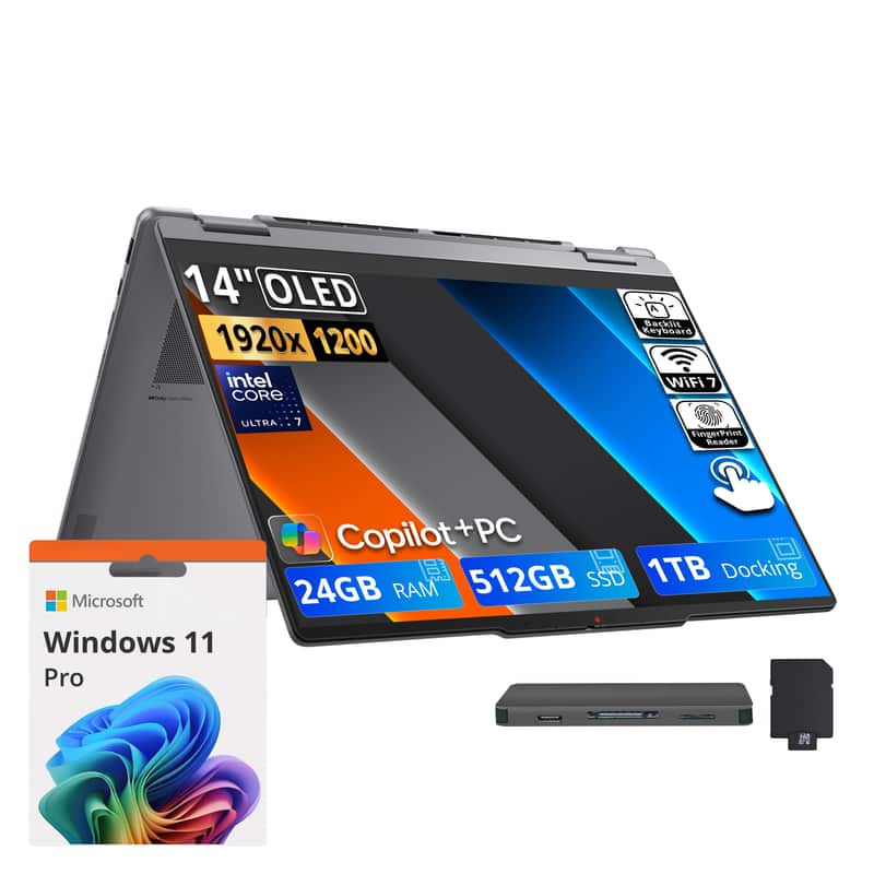 14" OLED 1920x1200  
Intel Core Ultra 7  
Backlit Keyboard  
WiFi 7  
Fingerprint Reader  
Microsoft Windows 11 Pro  
Copilot+PC  
24GB RAM  
512GB SSD  
1TB Docking