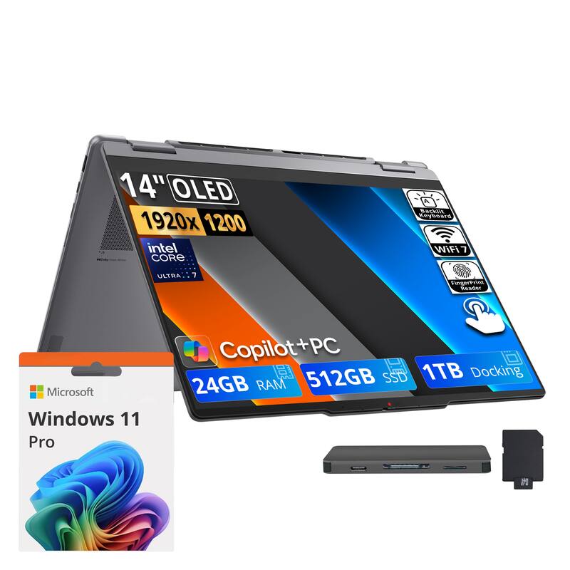 14" OLED 1920x1200  
Intel Core Ultra 7  
Backlit Keyboard  
WiFi 7  
Fingerprint Reader  
Microsoft Windows 11 Pro  
Copilot+PC  
24GB RAM  
512GB SSD  
1TB Docking