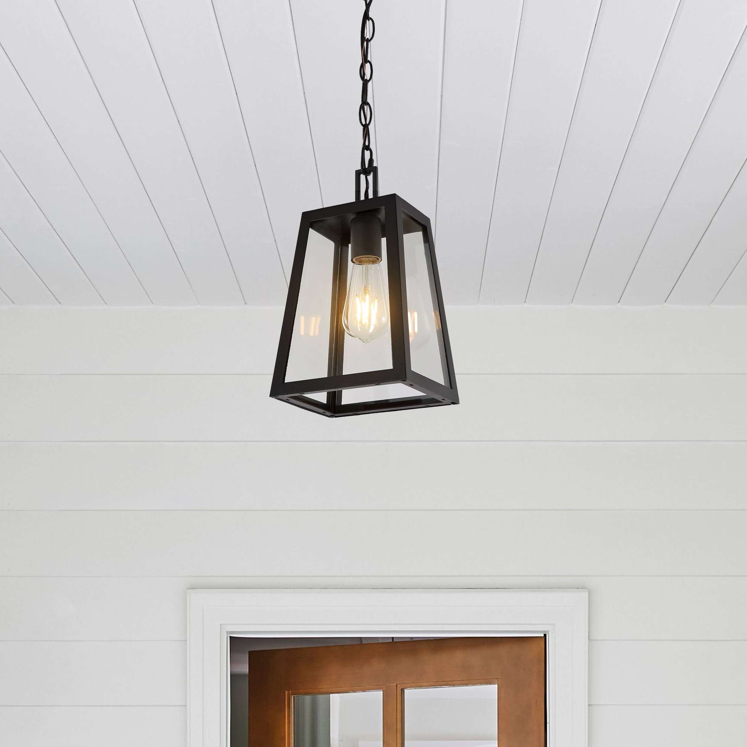Alt View 1. Jonathan Y - Glendale 6.75" 1-Light Farmhouse Industrial Iron/Glass Outdoor LED Pendant, Black/Clear - Black/Clear.