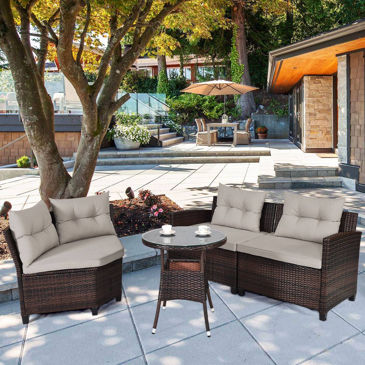 Alt View 3. Costway - 4PCS Outdoor Patio Rattan Furniture Set Cushioned Sofa Table - dark brown&Grey.