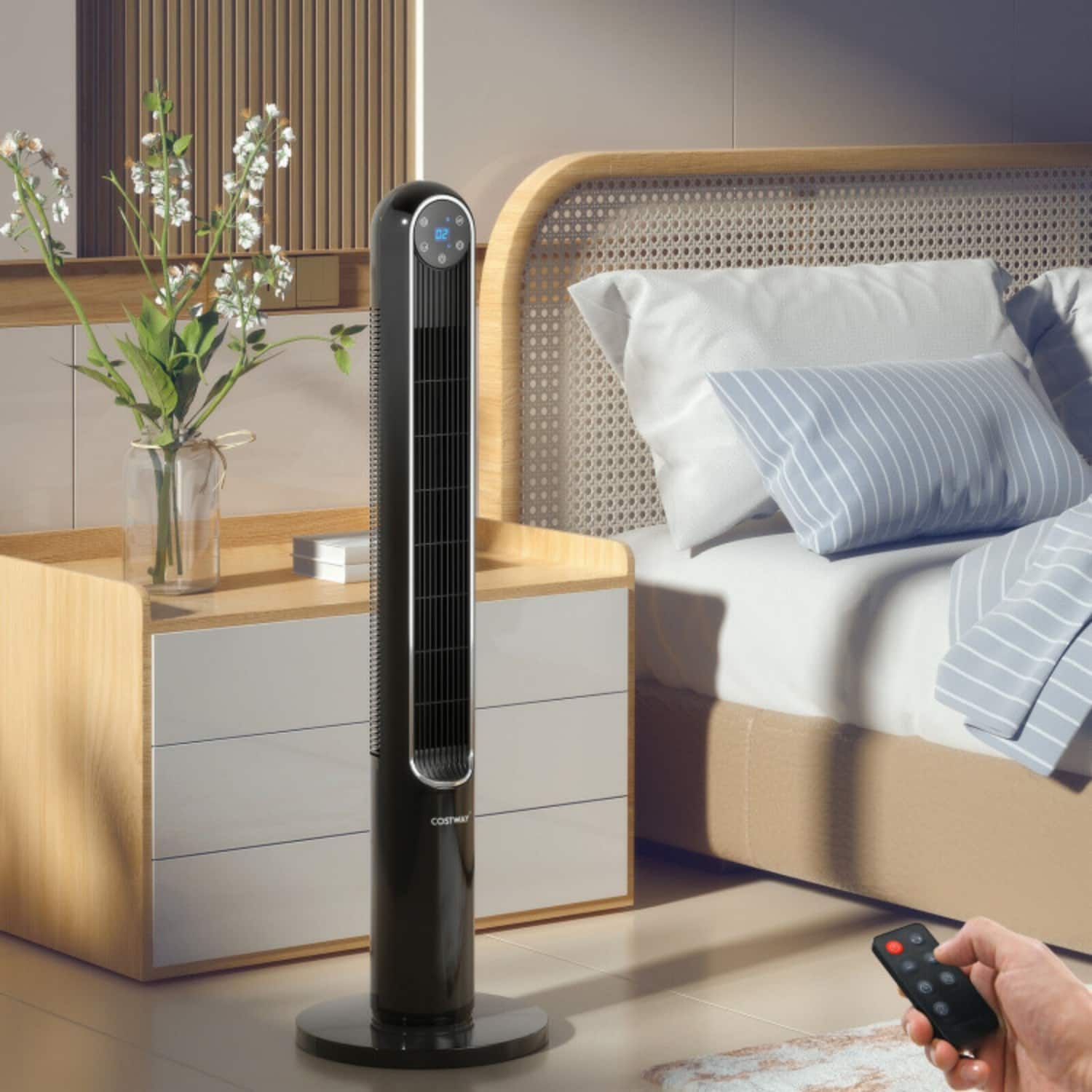 LUCKY ONE - 42 Inch Freestanding Bladeless Tower Fan with Remote, 80° Oscillation & 12H Timer - Black
