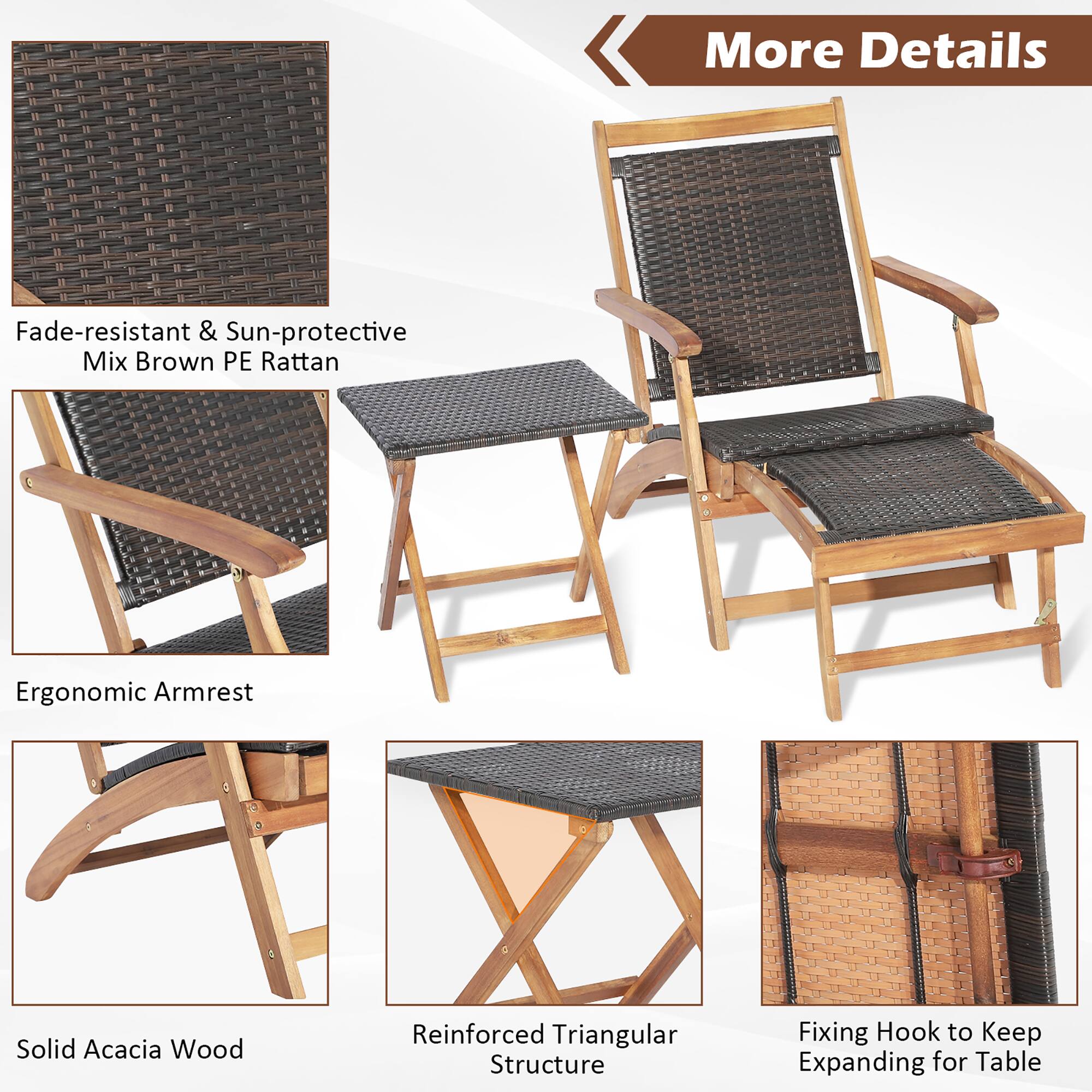 More Details Fade-resistant & Sun-protective Mix Brown PE Rattan Ergonomic Armrest Solid Acacia Wood Reinforced Triangular Structure Fixing Hook to Keep Expanding for Table