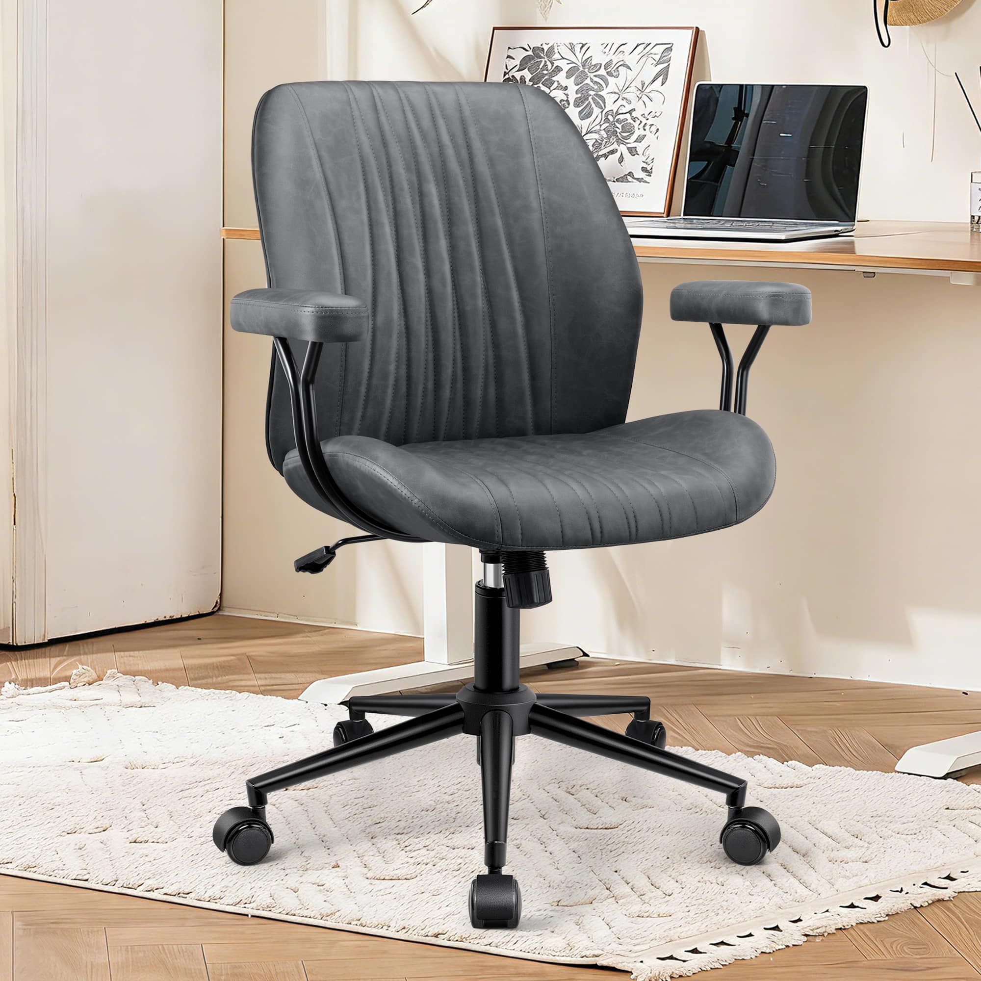 Brick Attic - Leather Office Chair with Removable Armrests, Mid Back Ergonomic Desk Chair with Lumbar Support, Adjustable Height - Dark Gray