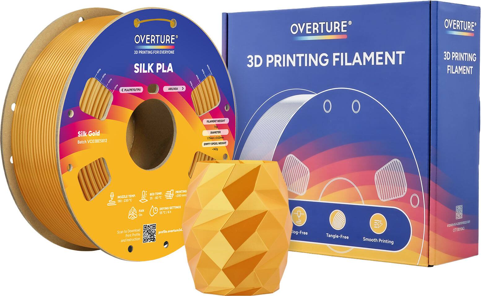 OVERTURE 3D PRINTING FOR EVERYONE SILK PLA OVERTURE 3D PRINTING FILAMENT OVERTURE 3D PRINTING FILAMENT I < PLA/PETG/TPU ABS/ASA > Silk Gold Batch VC03BE5812 FILAMENT WEIGHT 1kg DIAMETER 1.75mm EMPTY SPOOL WEIGHT 429g PRINTING BED TEMP. 55-60°C NOZZLE TEMP. 190-230°C FAN On PRINTING SETTINGS 55°C/6h Scan to Download profile.overture3d Print Profile and Instruction log-Free Tangle-Free Smooth Printing 6100545/A250023 OTYOON3
