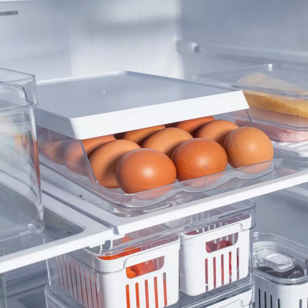 Alt View 4. OU - OU Egg Holder for Fridge, Rolling Egg Organizer for Refrigerator Organization, Clear Kitchen Storage.
