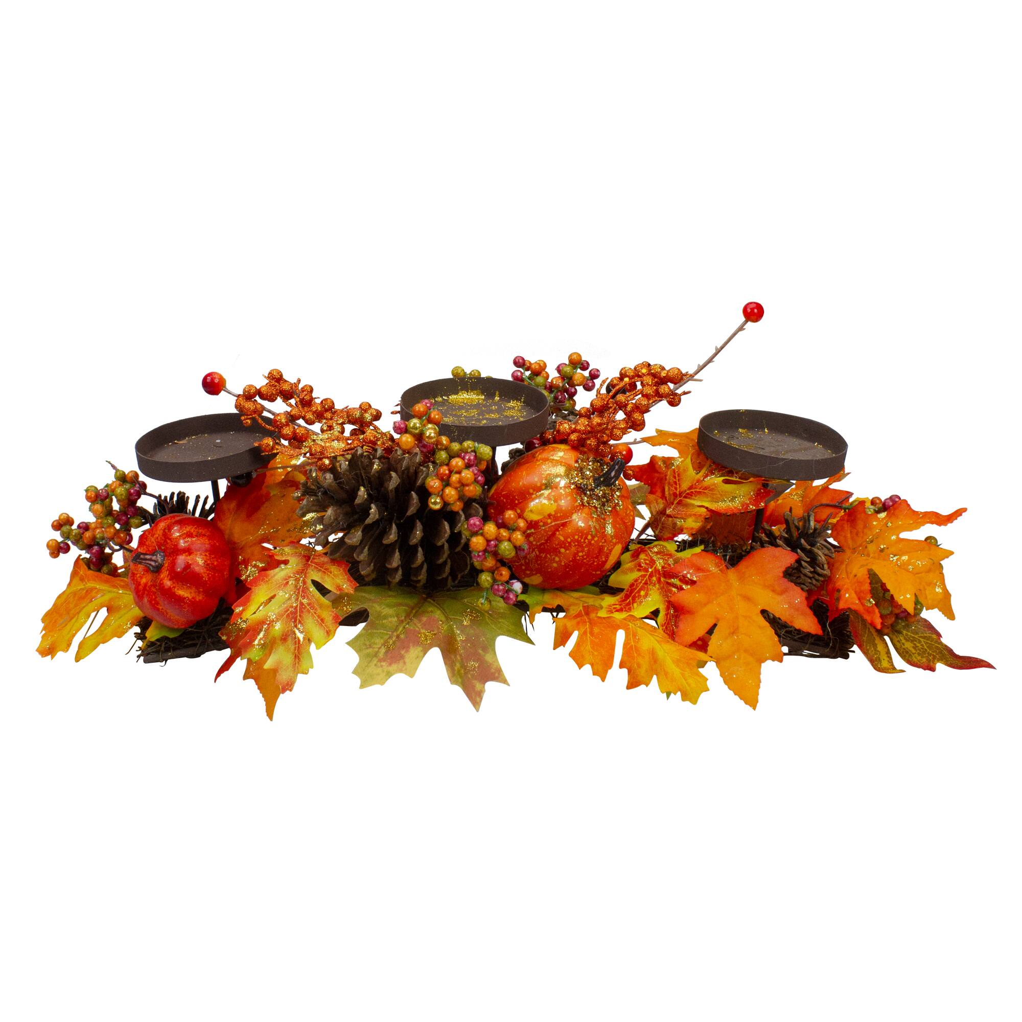 Front. Northlight - 21" Orange Fall Harvest Leaves and Pumpkins Candle Holder - Orange.