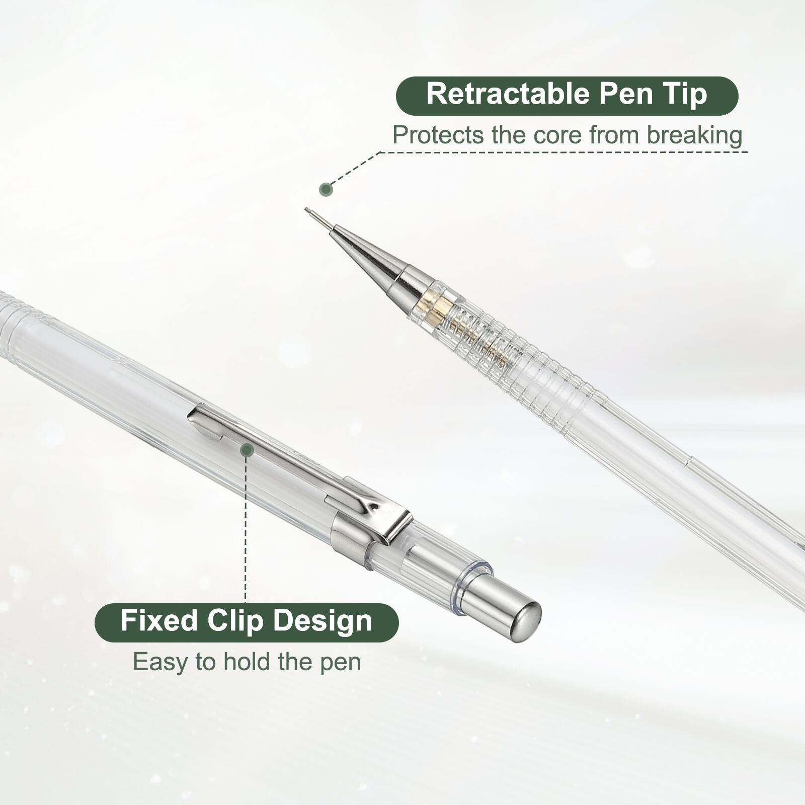 Retractable Pen Tip  
Protects the core from breaking  

Fixed Clip Design  
Easy to hold the pen