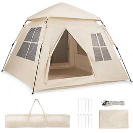 Gymax - 4 Person Camping Tent w/Rainfly Mesh Windows 2 Doors & Carrying Bag for Hiking - Beige