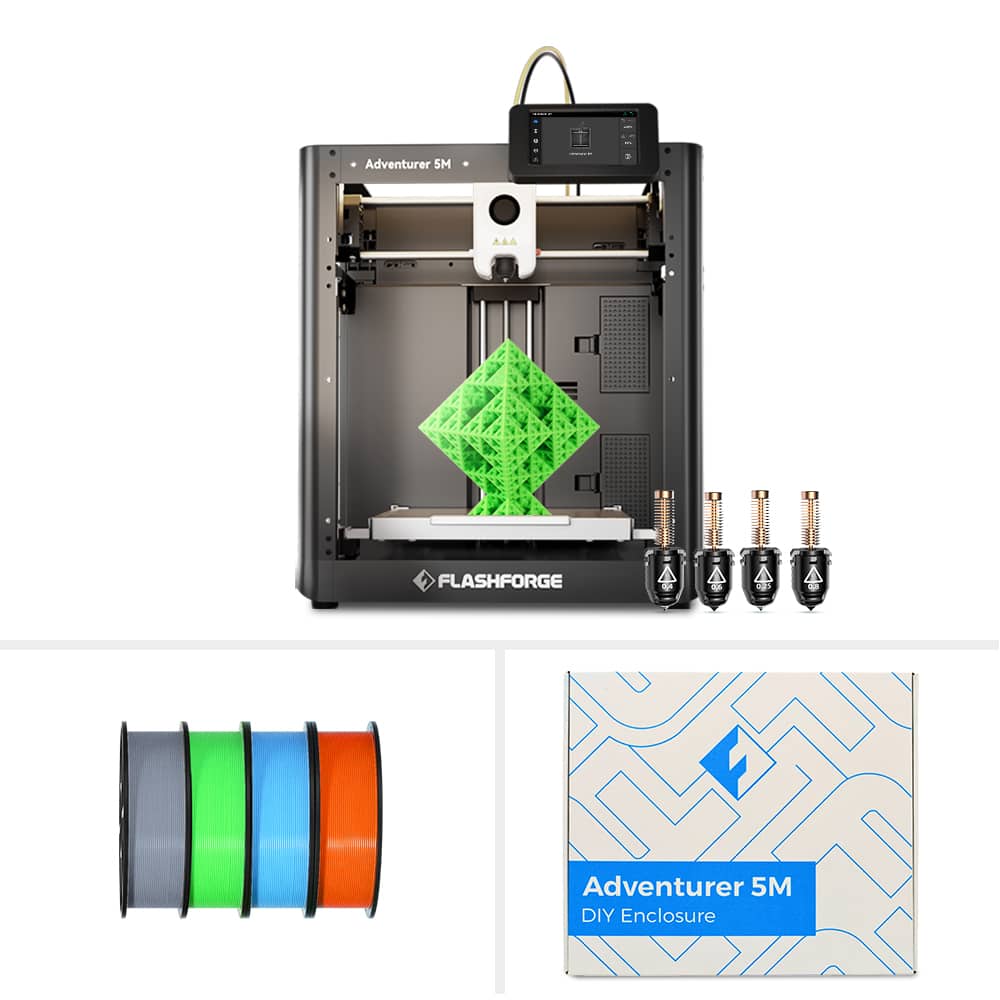 Flashforge - Adventurer 5M 3D Printer Bundle with Enclosure, 4× HS PLA Filaments (Random Colors) and Multi-Size Nozzle Set - Black