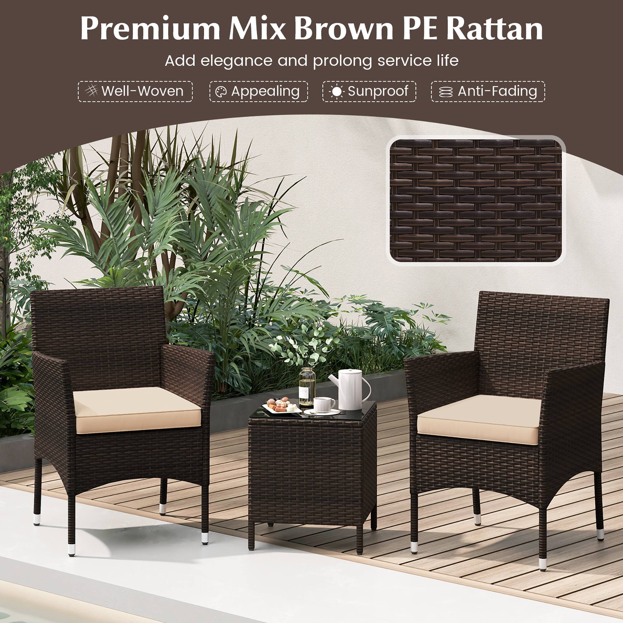 Premium Mix Brown PE Rattan  
Add elegance and prolong service life  

- Well-Woven  
- Appealing  
- Sunproof  
- Anti-Fading