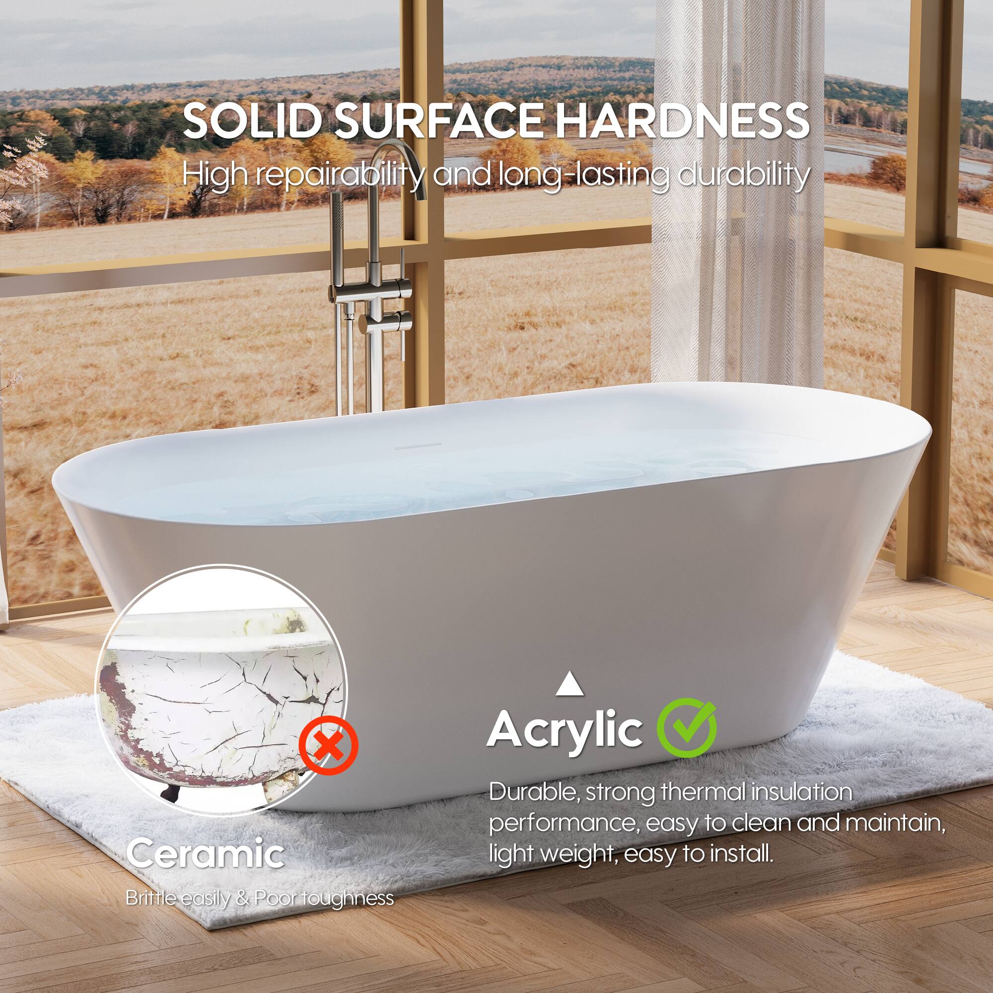 SOLID SURFACE HARDNESS  
High repairability and long-lasting durability  

Ceramic  
Brittle easily & Poor toughness  

Acrylic  
Durable, strong thermal insulation performance, easy to clean and maintain, light weight, easy to install.