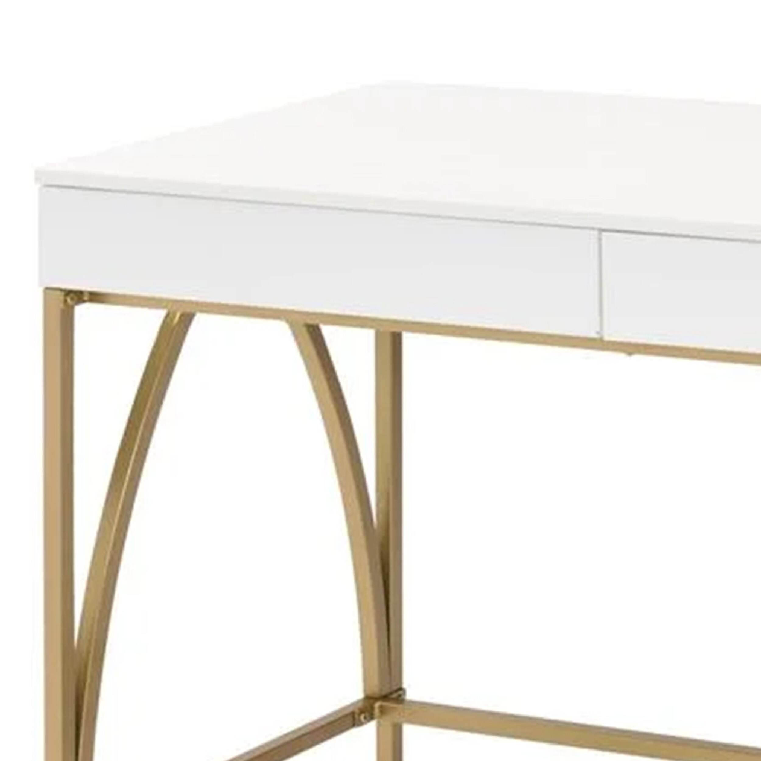 Angle. Manhattan Lane - 50 Inch Desk Console Table, 2 Drawers, Metal Inverted U Frame, White, Gold - White and Gold.