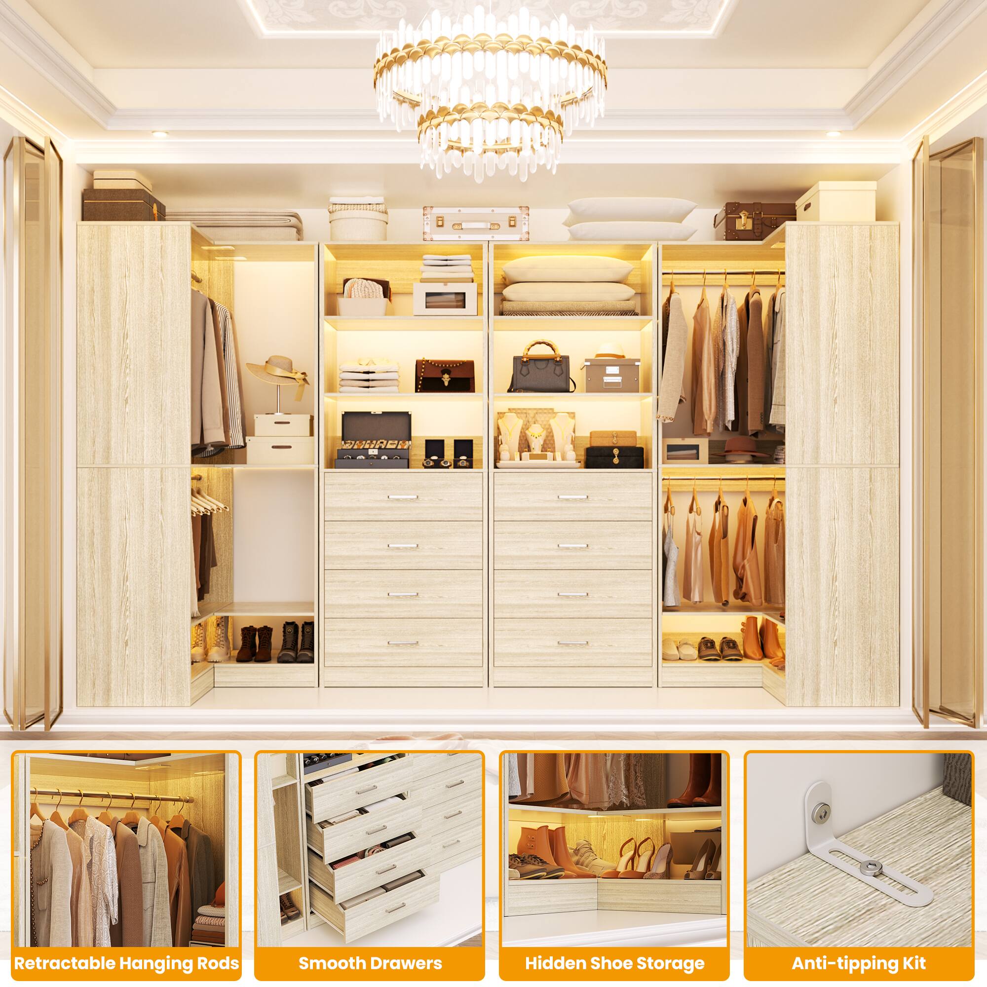 REI Retractable Hanging Rods  
Smooth Drawers  
Hidden Shoe Storage  
Anti-tipping Kit