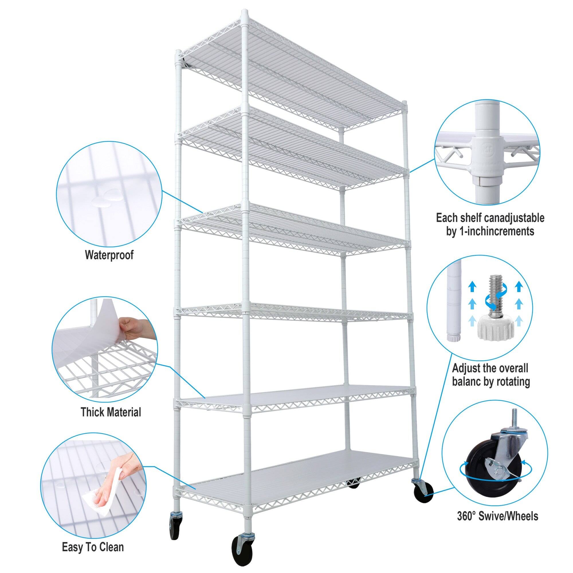 Waterproof  
Each shelf can be adjustable by 1-inch increments  
Adjust the overall balance by rotating  
Thick Material  
360° Swivel/Wheels  
Easy To Clean