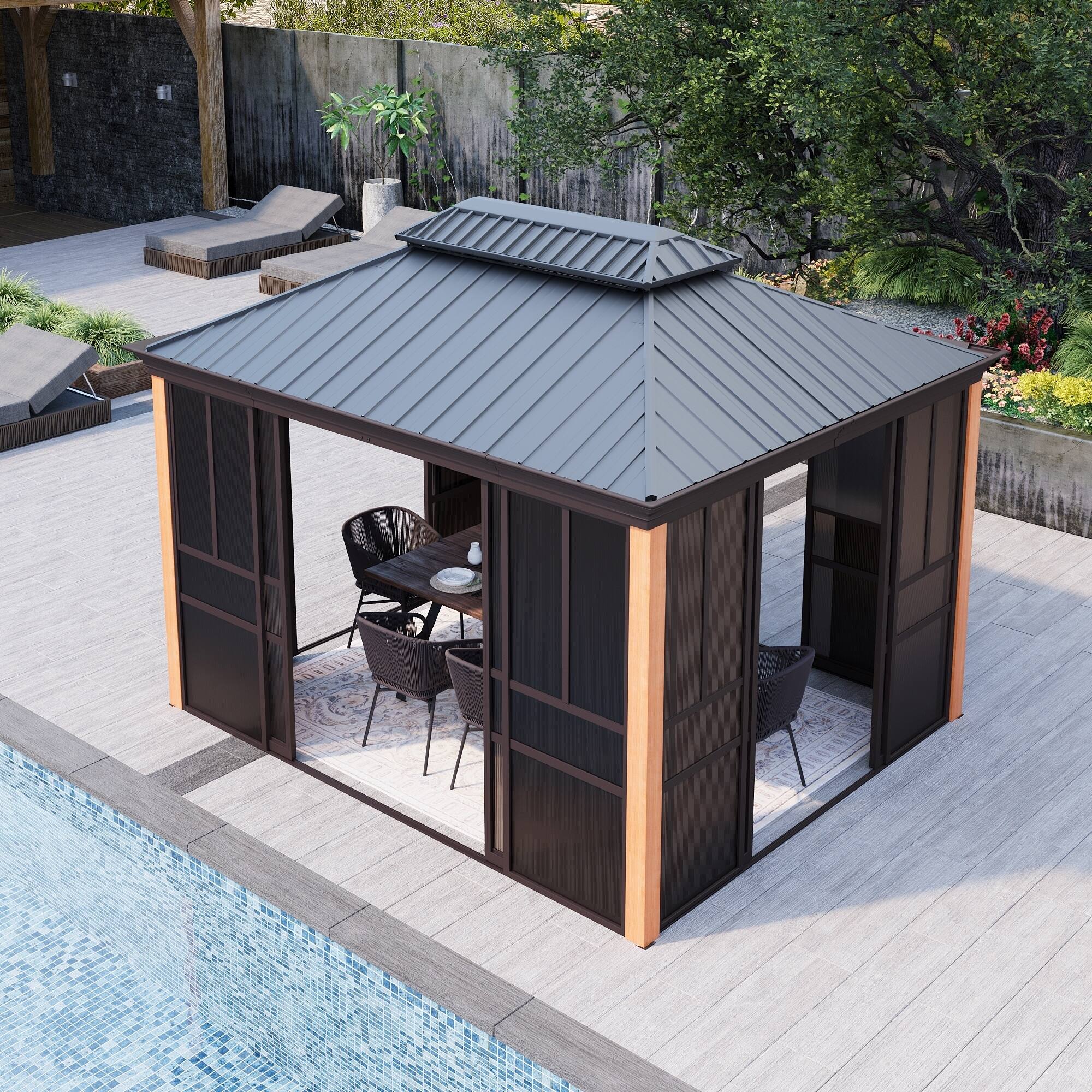 Angle. U-HOMY - Hardtop Sunroom Gazebo with Double Steel Roof, Sliding Doors & Screens, All-Season Aluminum Pergola - 10' x 12'.