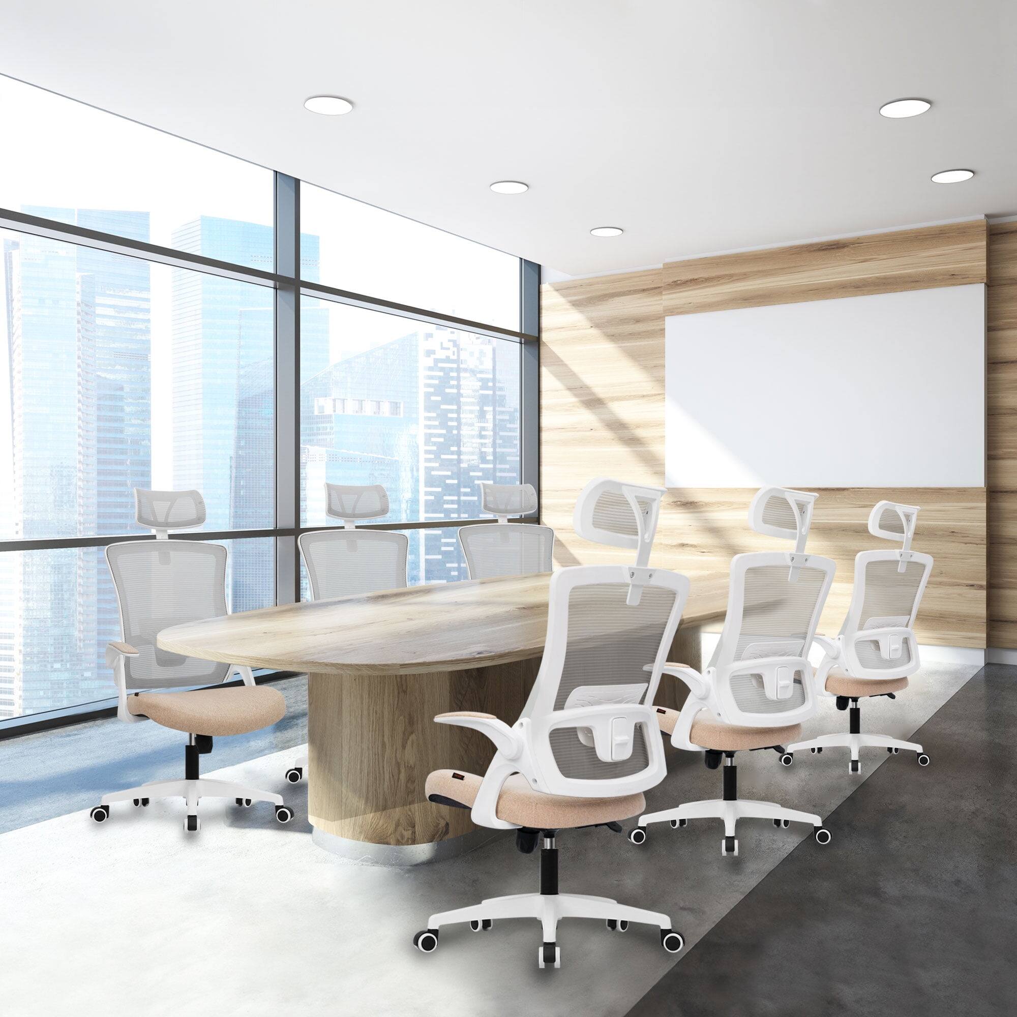 Alt View 6. Neo Chair - Office Desk Chair Computer High Back Support Mesh Comfy Adjustable Ergonomic Headrest Lumbar Rolling Flip-up Armrests - Plastic Base-Beige.