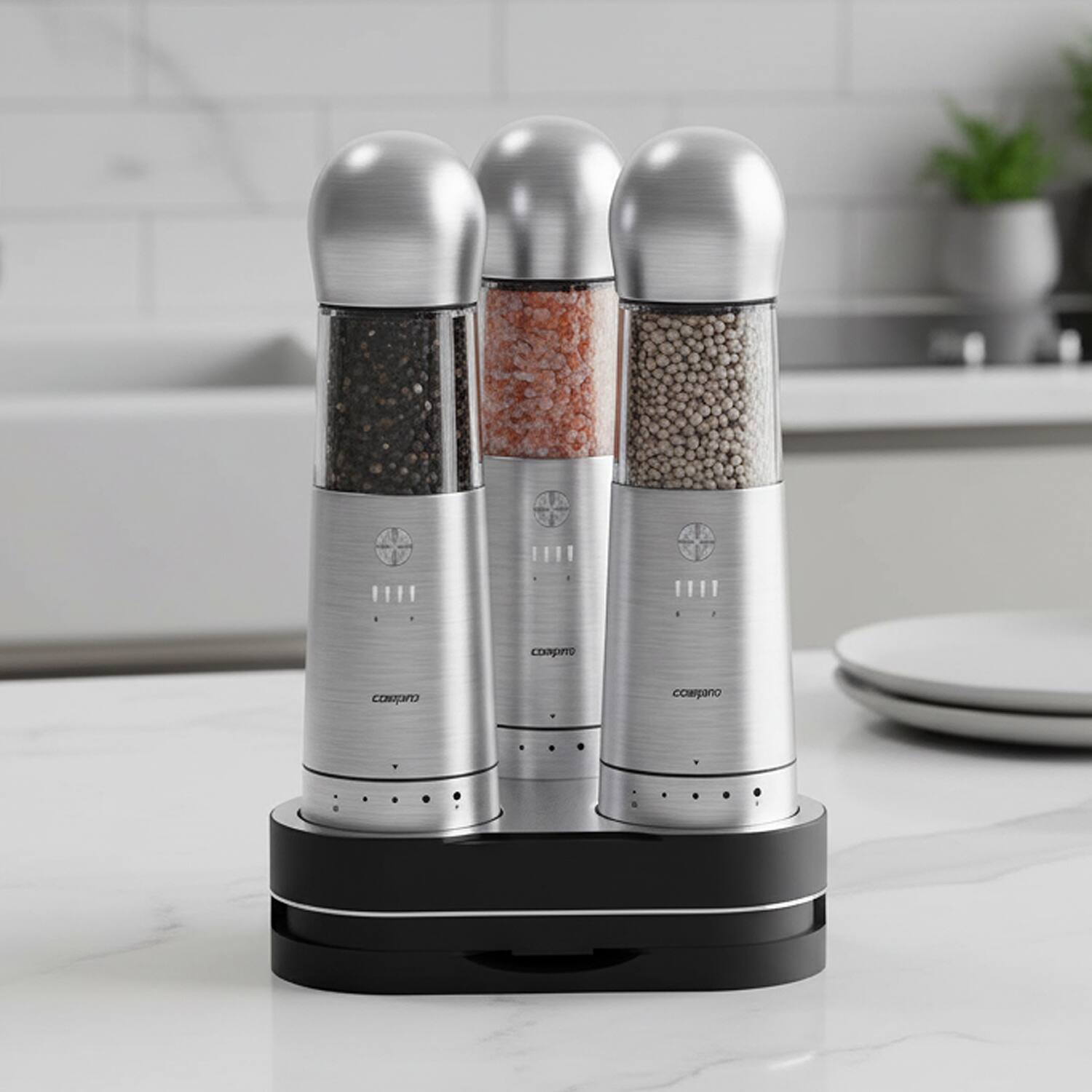FC Design - Electric Salt and Pepper Grinder, Set of 3 with Wireless Charging Base, Rechargeable - Stainless Steel
