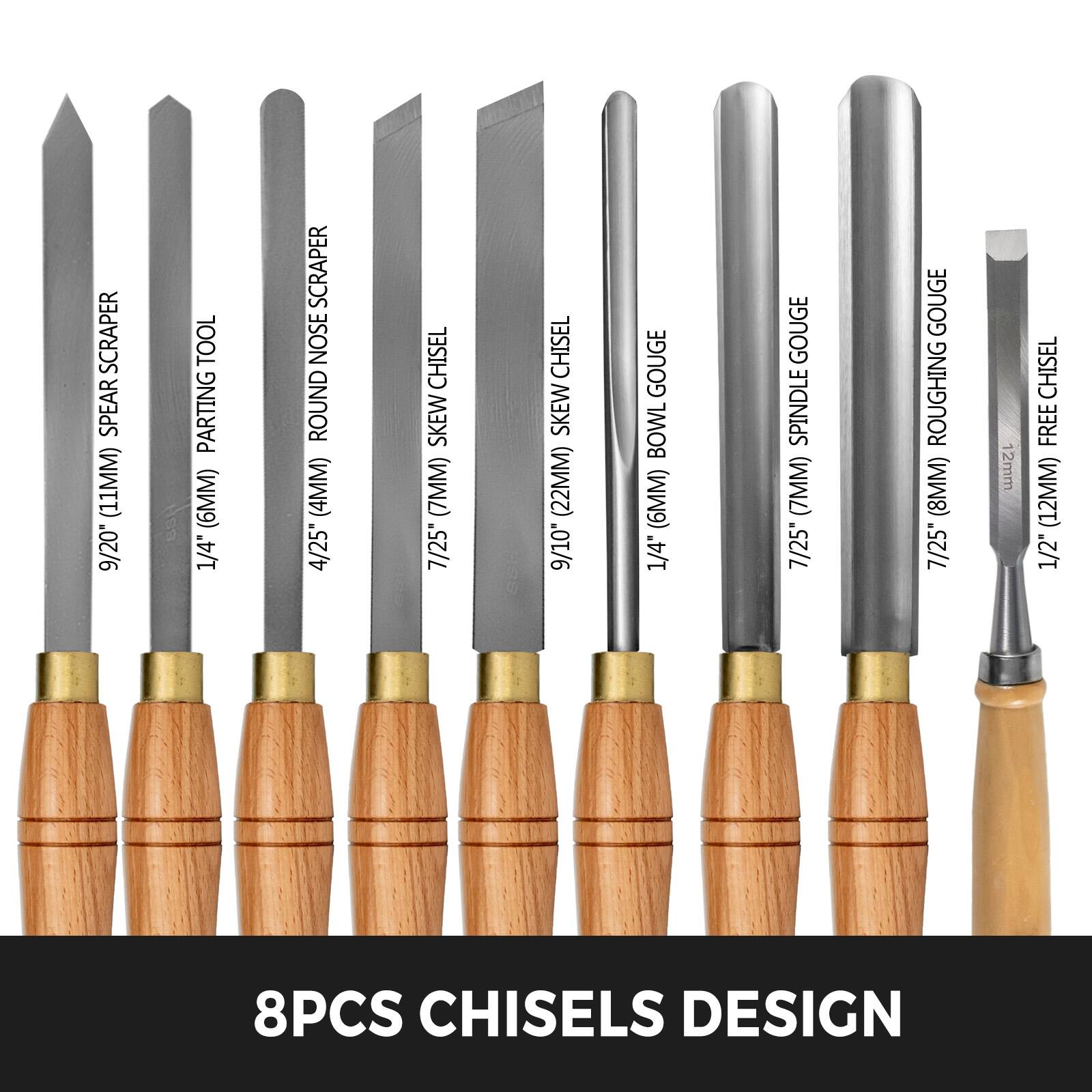 SCRAPER SPEAR (11MM)  
PARTING TOOL (6MM)  
SCRAPER NOSE ROUND (4MM)  
CHISEL SKEW (7MM)  
CHISEL SKEW (22MM)  
GOUGE BOWL (6MM)  
GOUGE SPINDLE (7MM)  
GOUGE ROUGHING (8MM)  
CHISEL FREE (12MM)  

8PCS CHISELS DESIGN